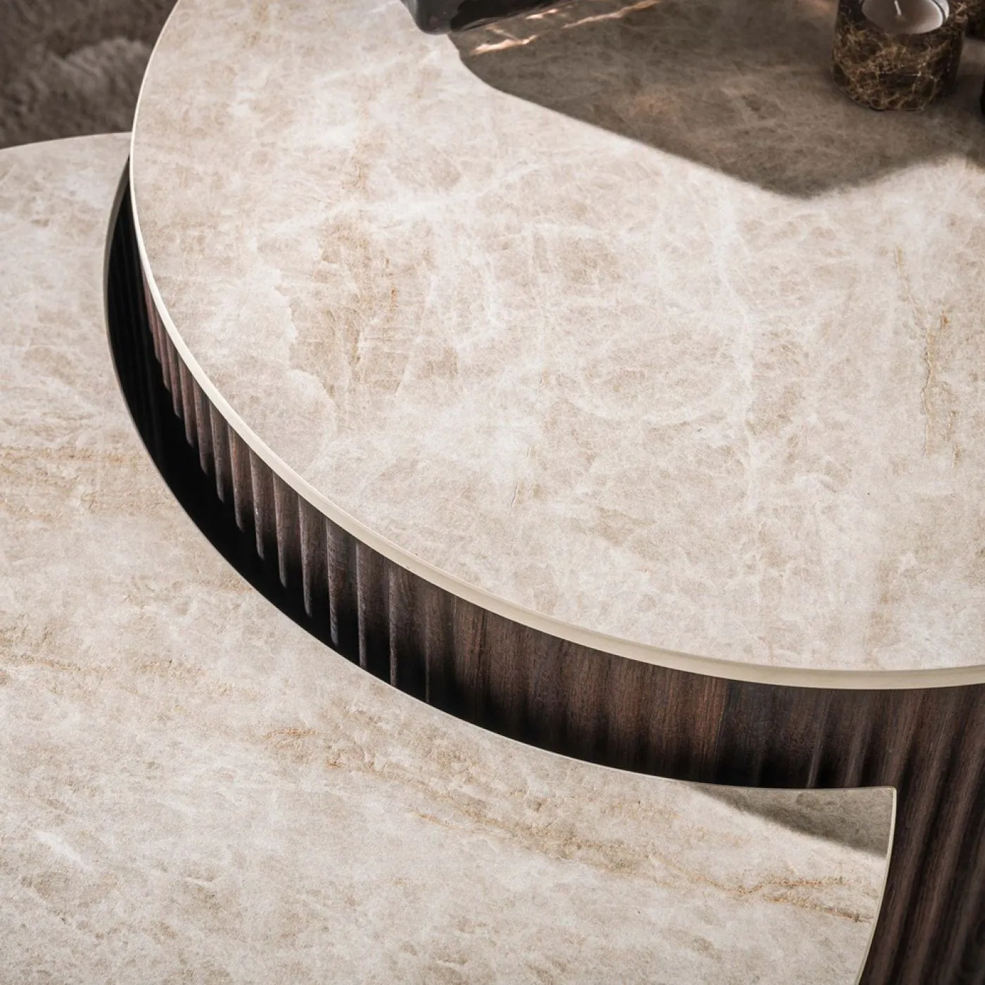Couchtisch Set Sienna | 2-teilig | halbrund | 3D Keramik travertin