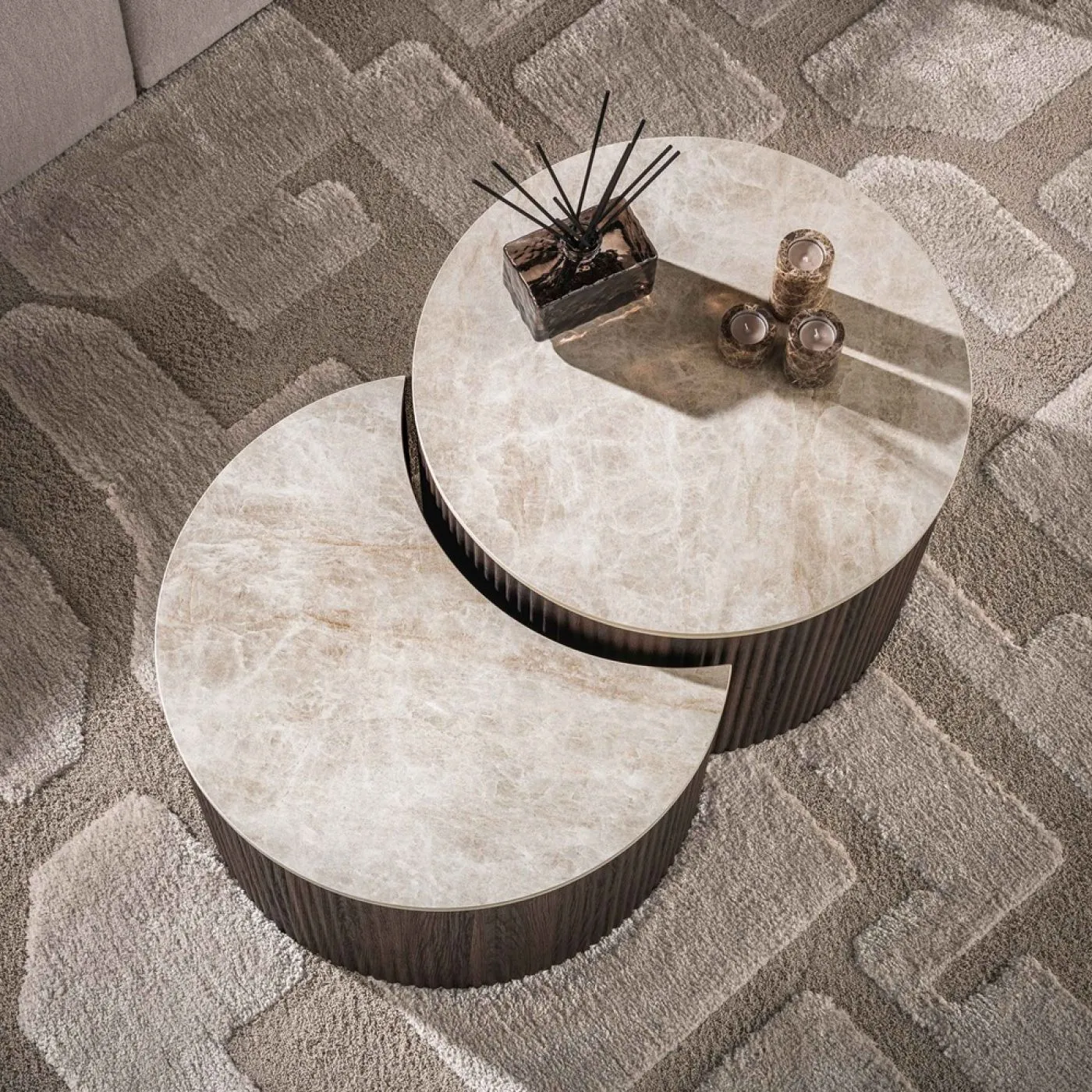 Couchtisch Set Sienna | 2-teilig | halbrund | 3D Keramik travertin