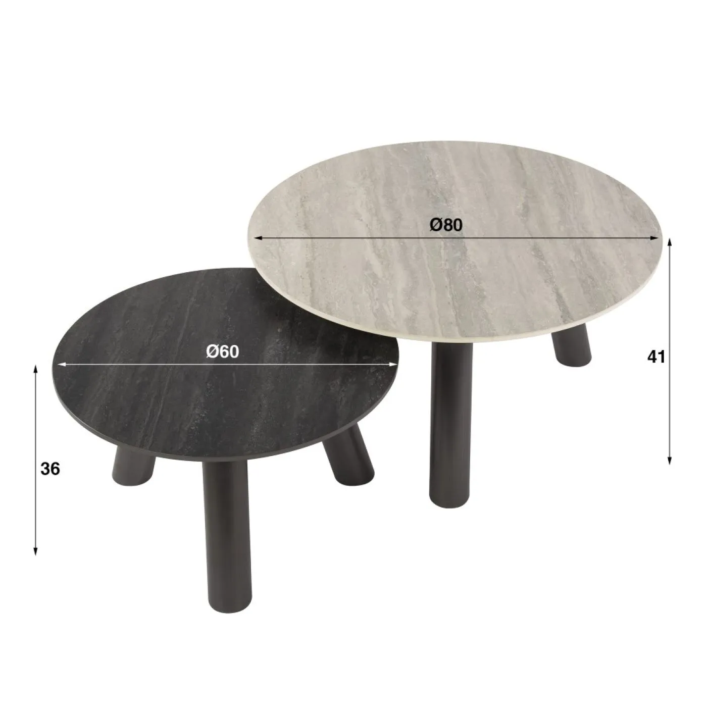 Couchtisch Set Tupi | 2-teilig | rund | Keramik Travertin | schwarz & grau