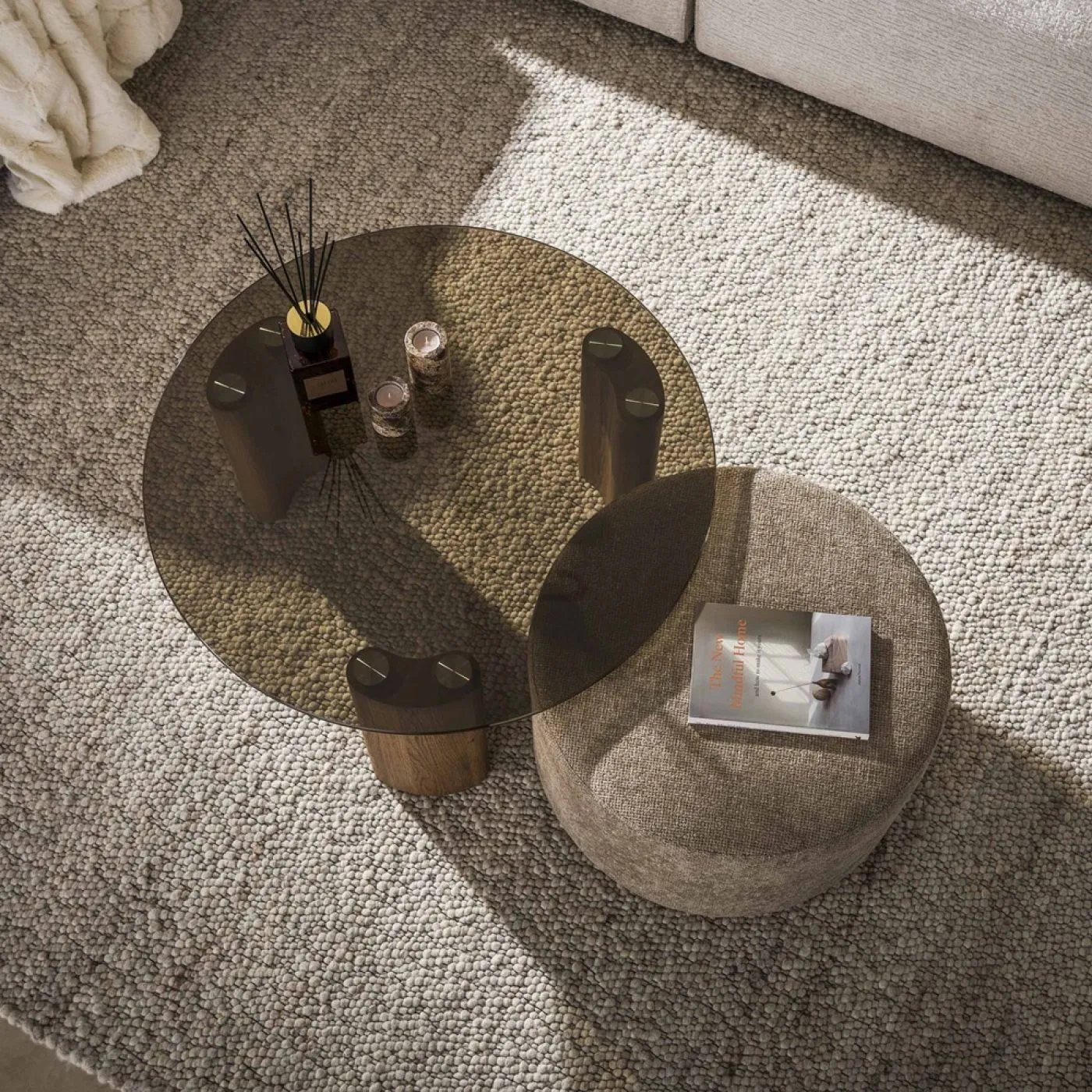 Couchtisch Shades rund | 2-teilig | mit Sitzhocker | Glas | Bronze
