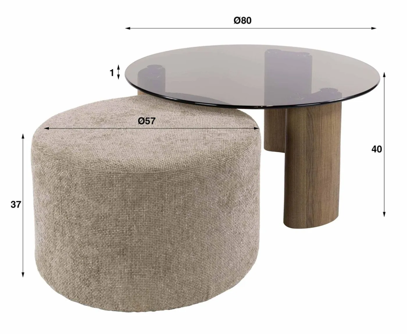 Couchtisch Shades rund | 2-teilig | mit Sitzhocker | Glas | Bronze