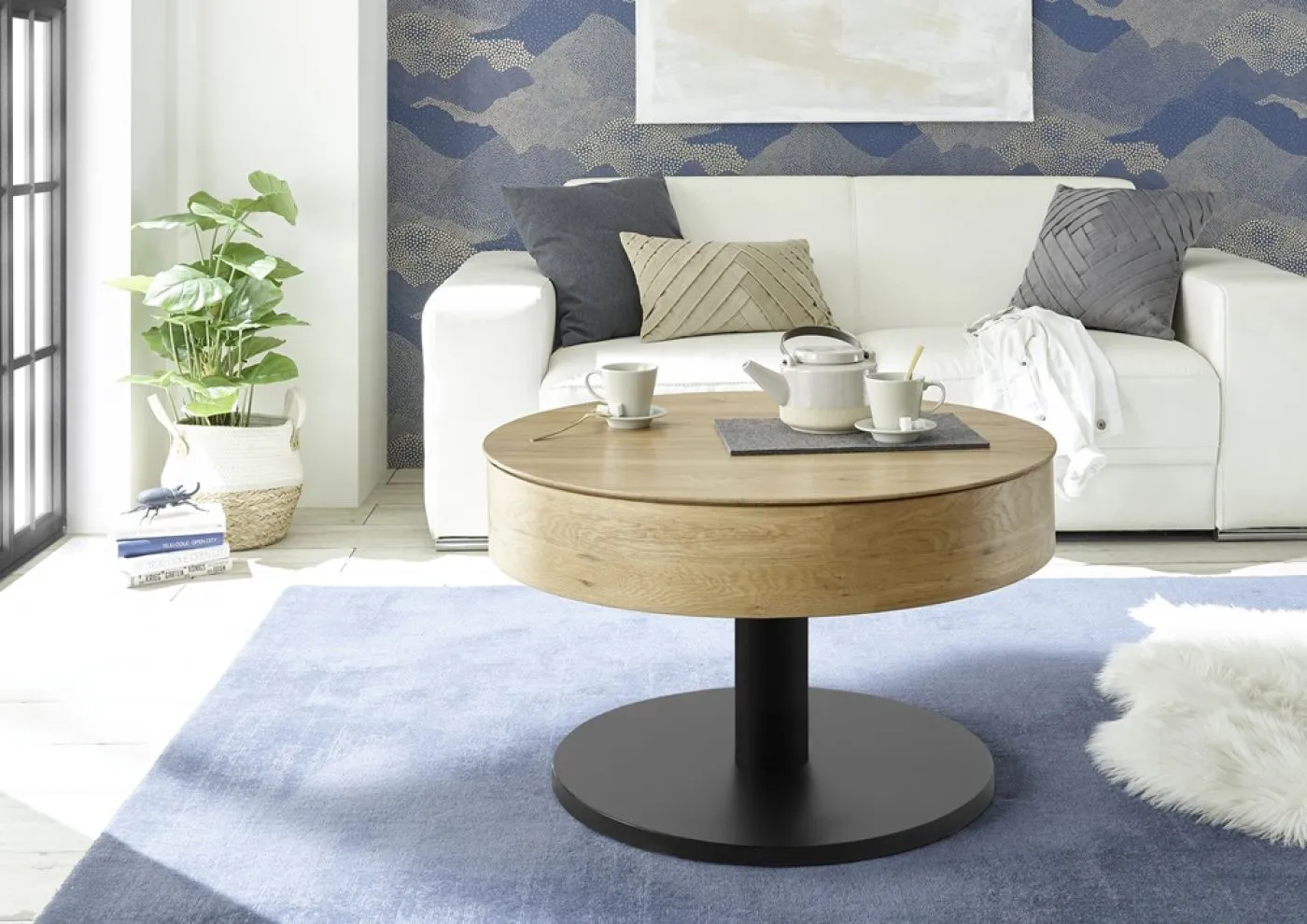 Couchtisch Tanger mit Lift rund Ø75 Asteiche / schwarz auf Rollen