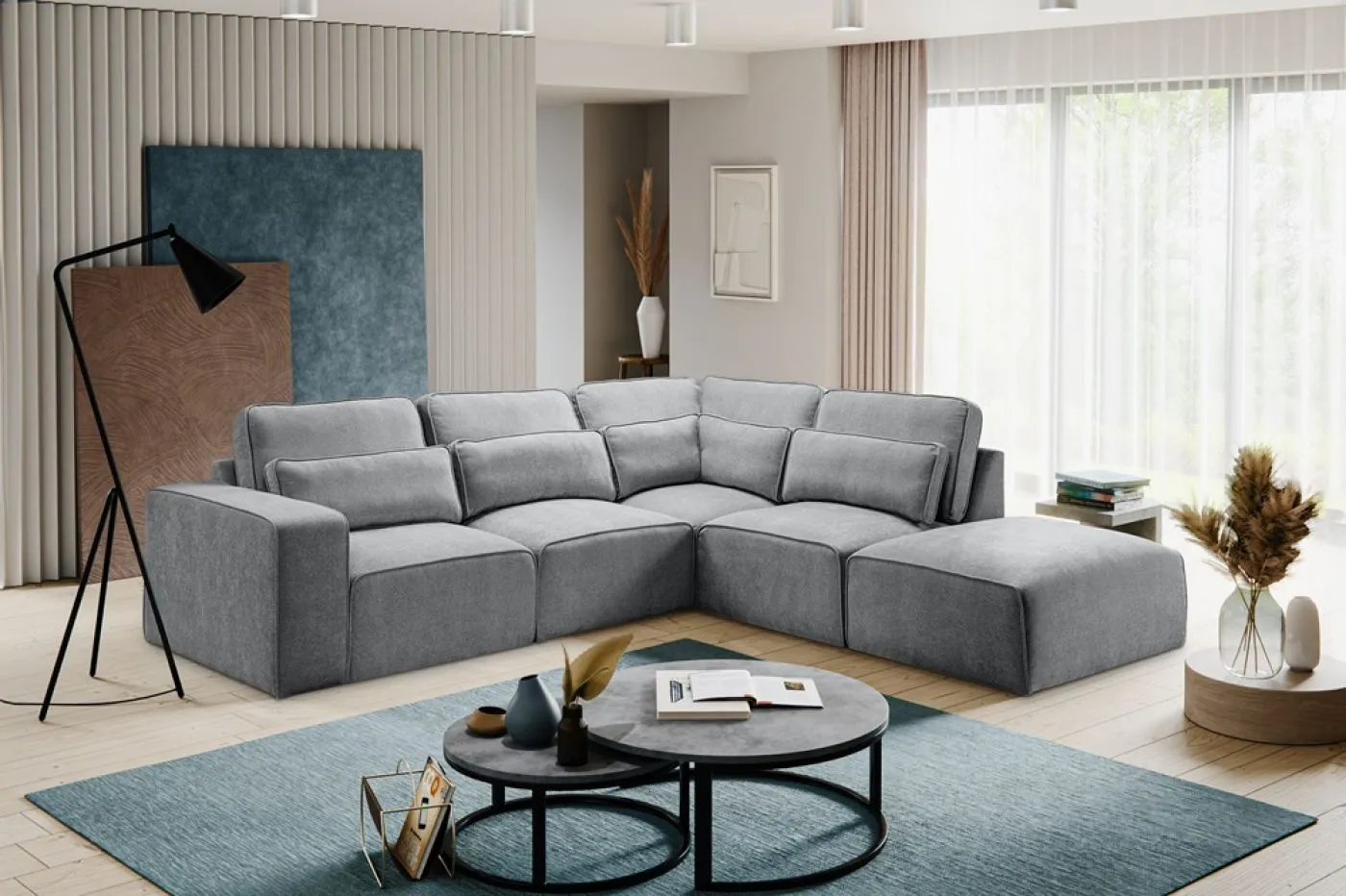 Ecksofa Lux rechts mit Rückenkissen | 305cm | Webstoff | grau