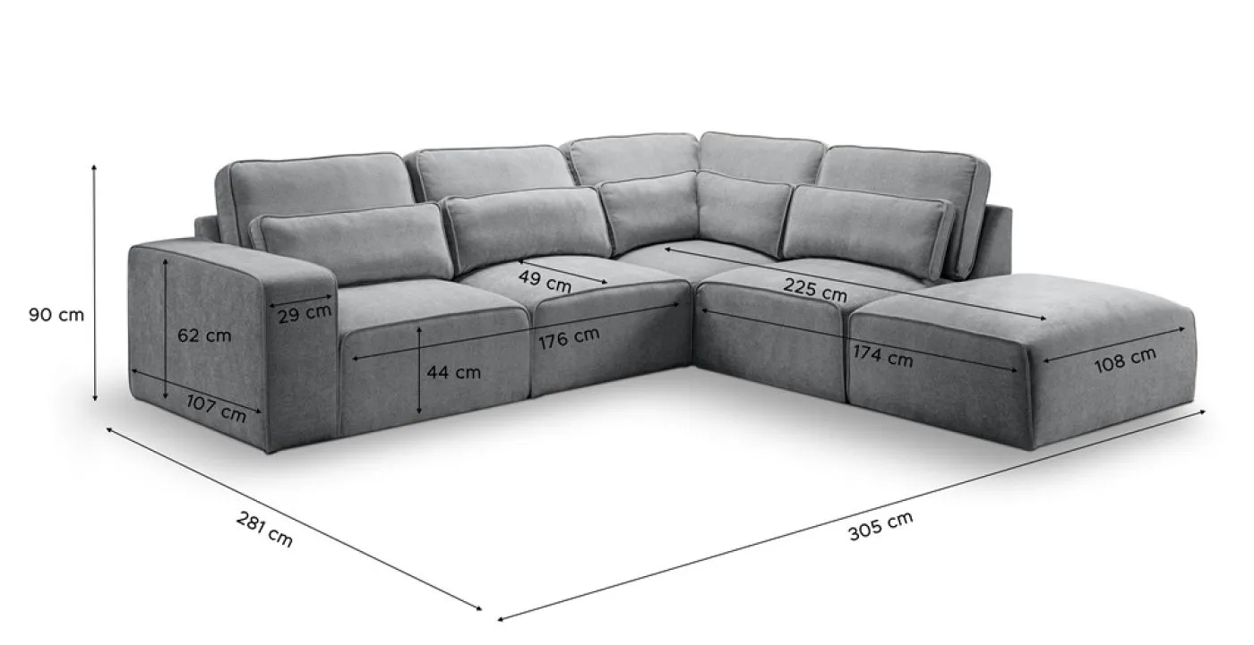 Ecksofa Lux rechts mit Rückenkissen | 305cm | Webstoff | grau