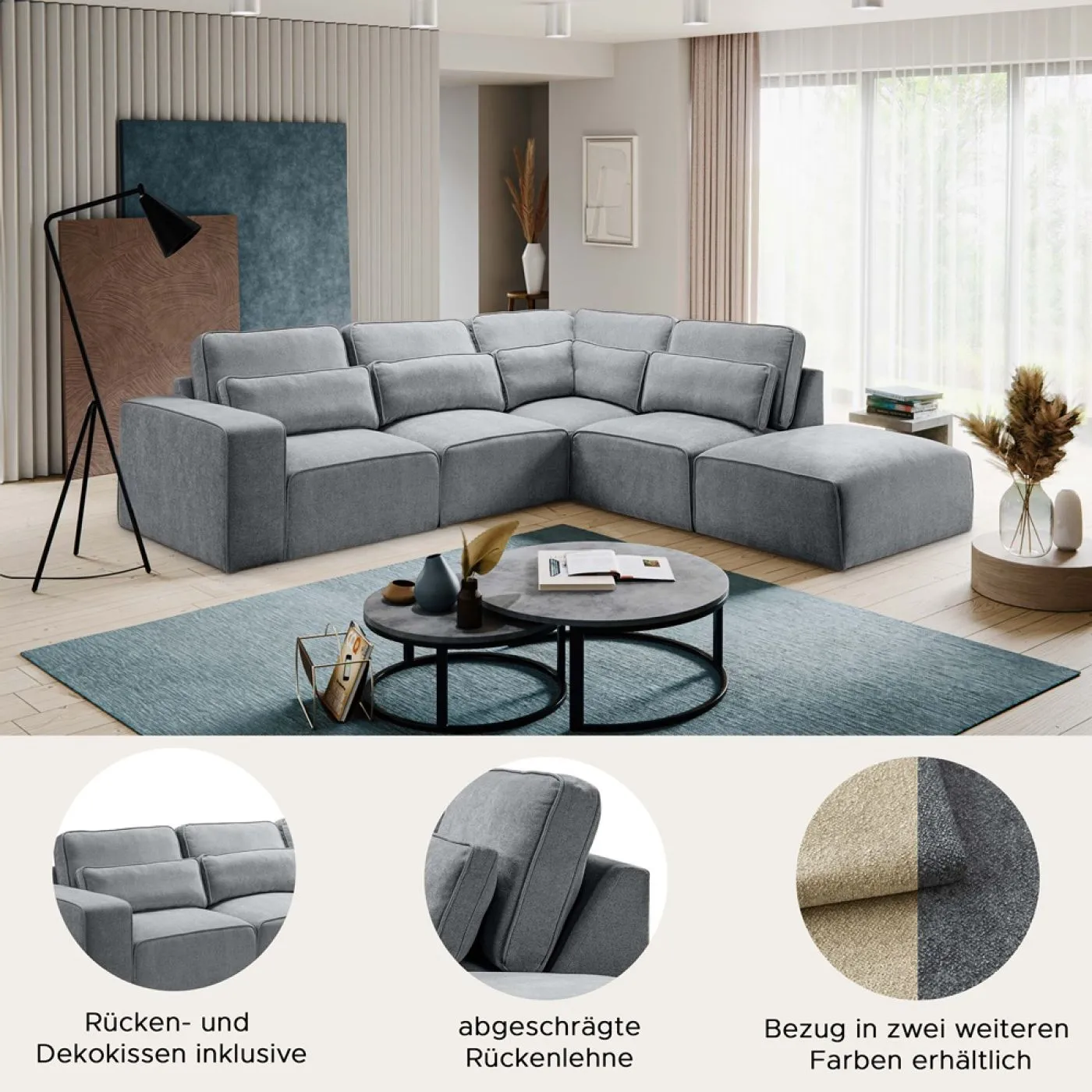 Ecksofa Lux rechts mit Rückenkissen | 305cm | Webstoff | grau