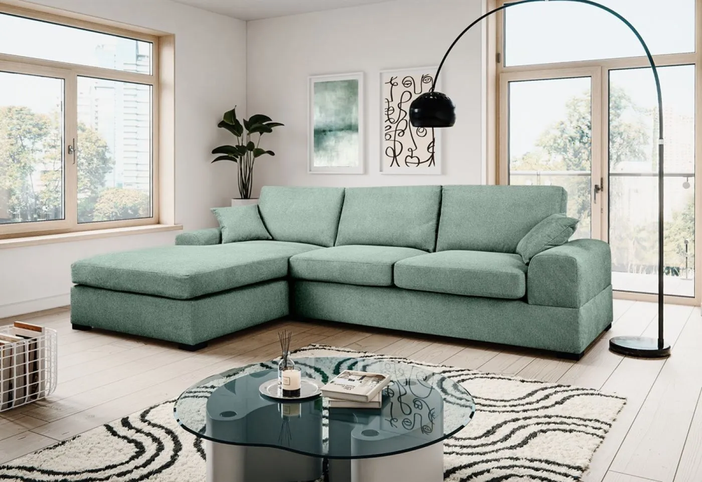 Ecksofa Veda links mit Rückenkissen | 308cm | Strukturstoff | petrol