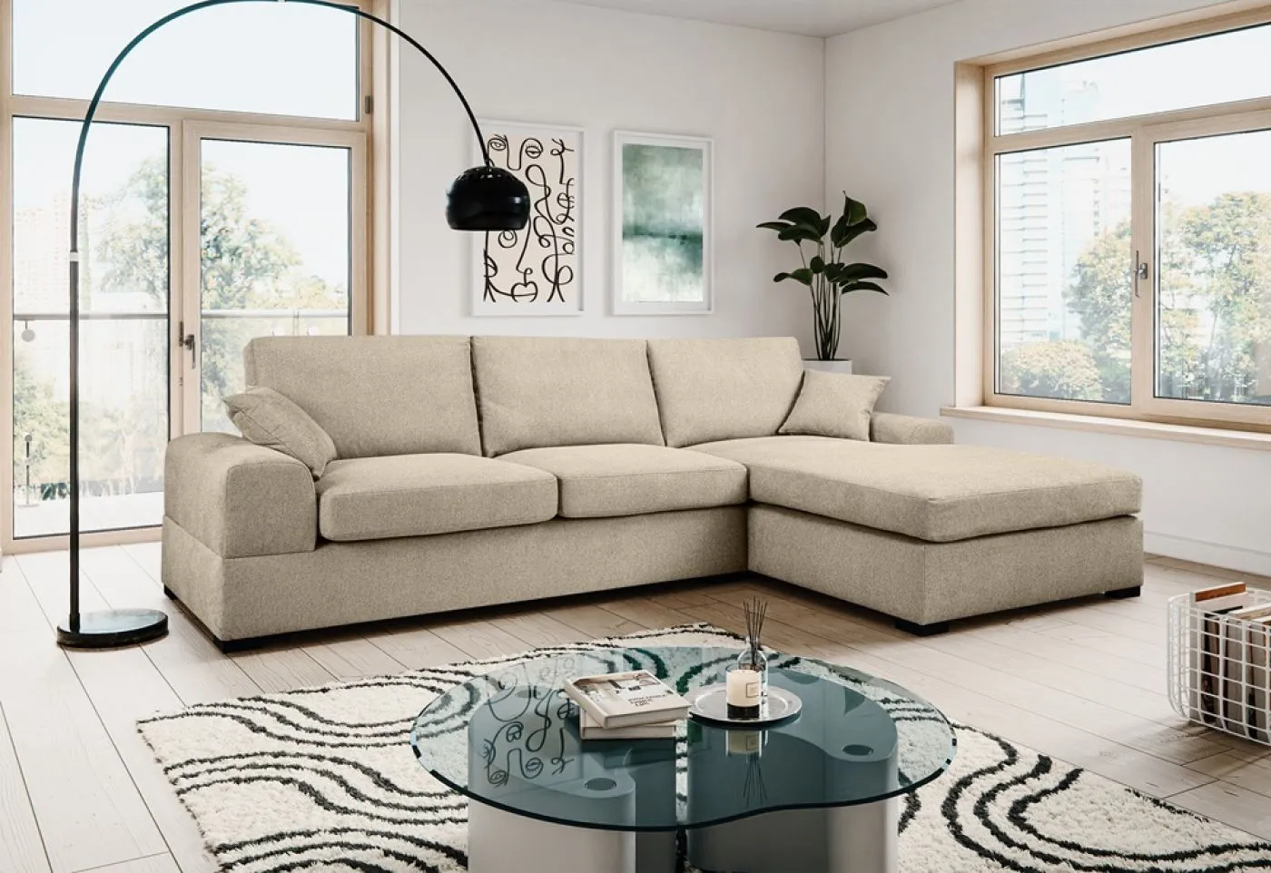 Ecksofa Veda rechts mit Rückenkissen | 308cm | Strukturstoff | beige