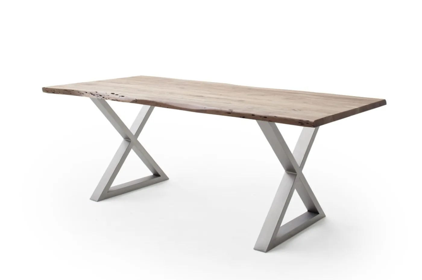 Esstisch Calabria | Akazie massiv | X-Gestell Edelstahl | natur | 180 x 100-Tischplatte 3,5 cm