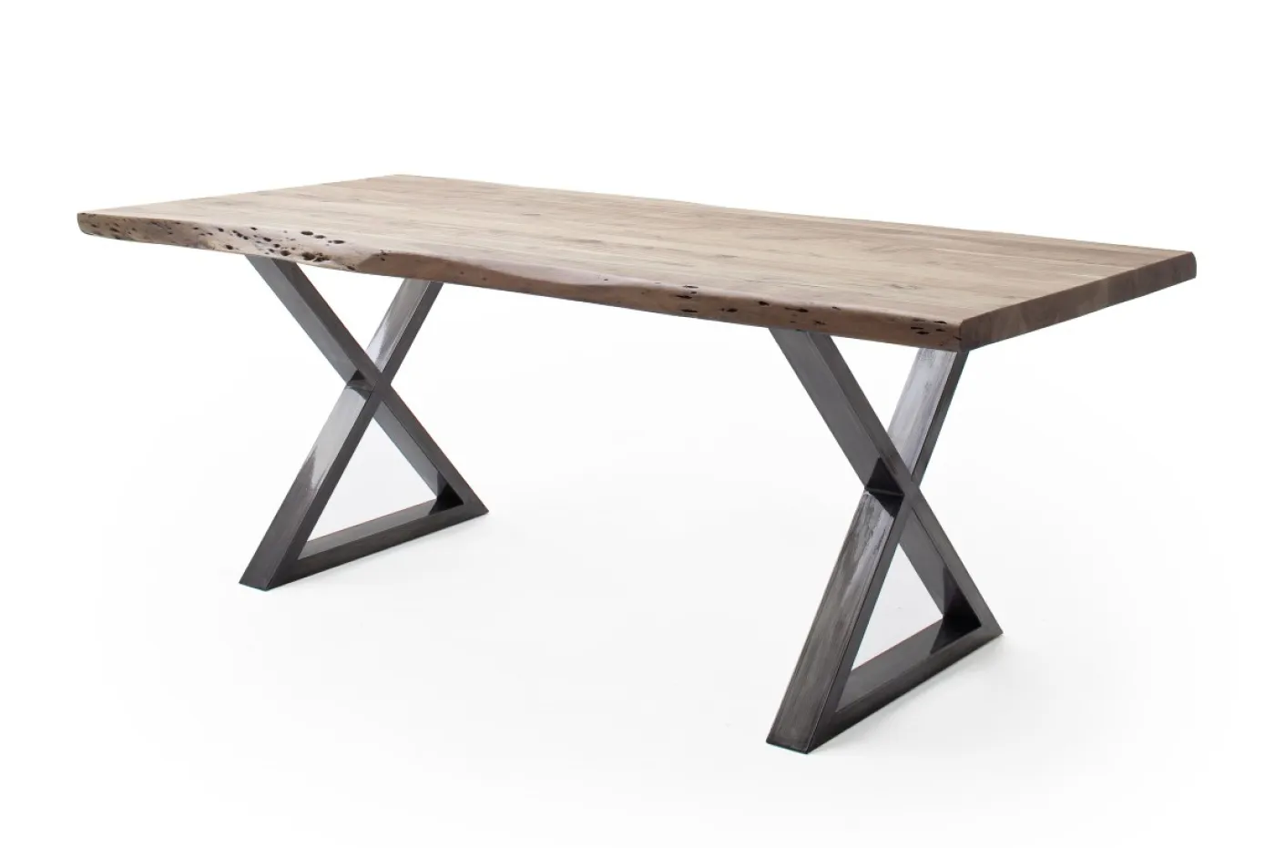 Esstisch Calabria | Akazie massiv | X-Gestell | natur / antik gewischt | 240 x 100-Tischplatte 5,5 cm