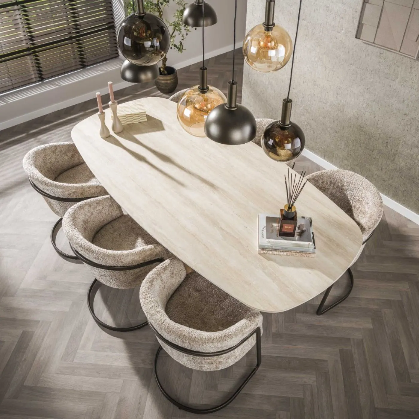Esstisch Homa | Keramik Travertin | 215 cm | Eiche / beige
