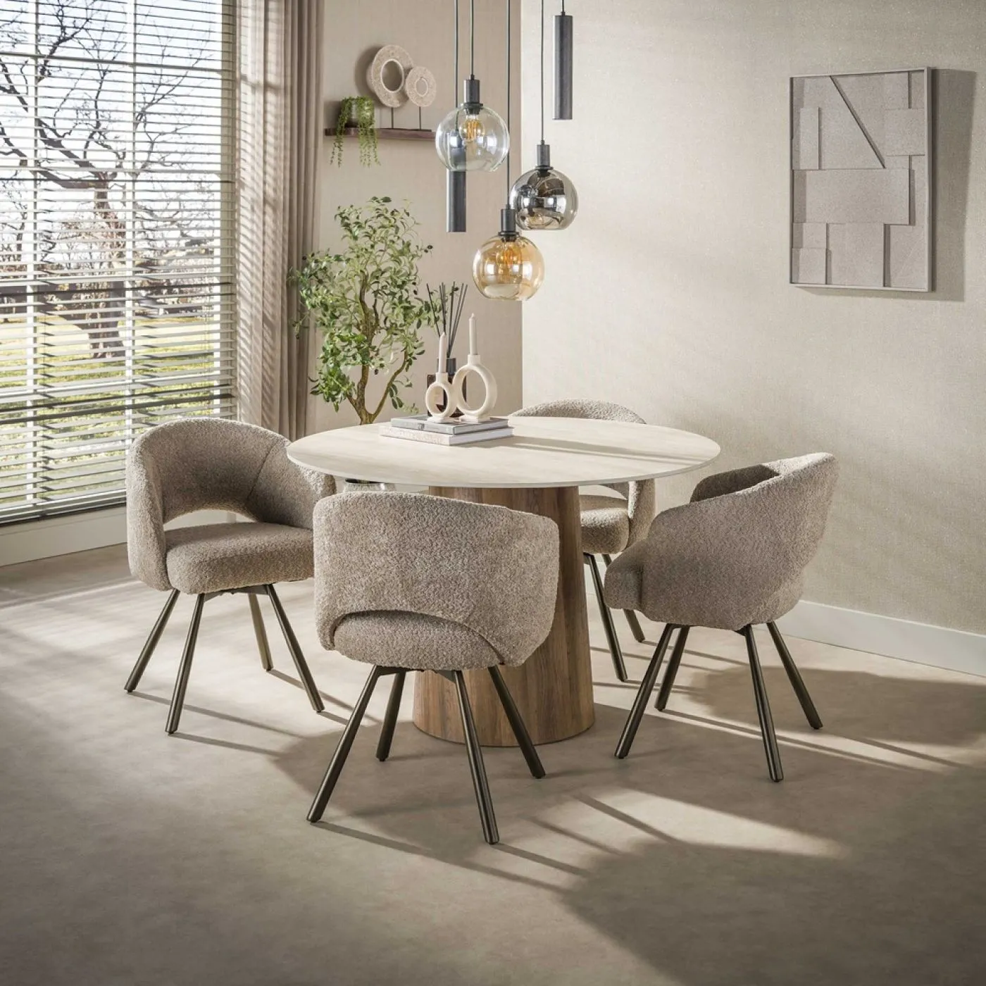 Esstisch Homa | Keramik Travertin | rund | Ø 120cm | Eiche / beige