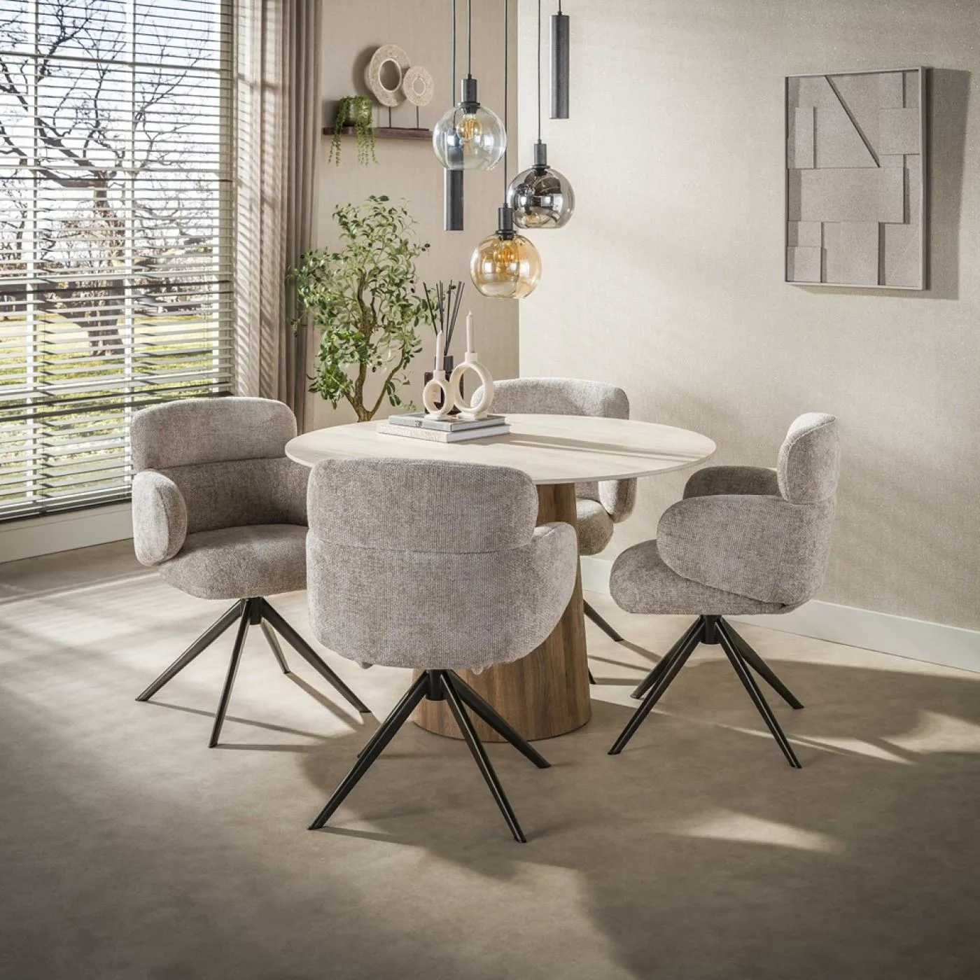 Esstisch Homa | Keramik Travertin | rund | Ø 120cm | Eiche / beige