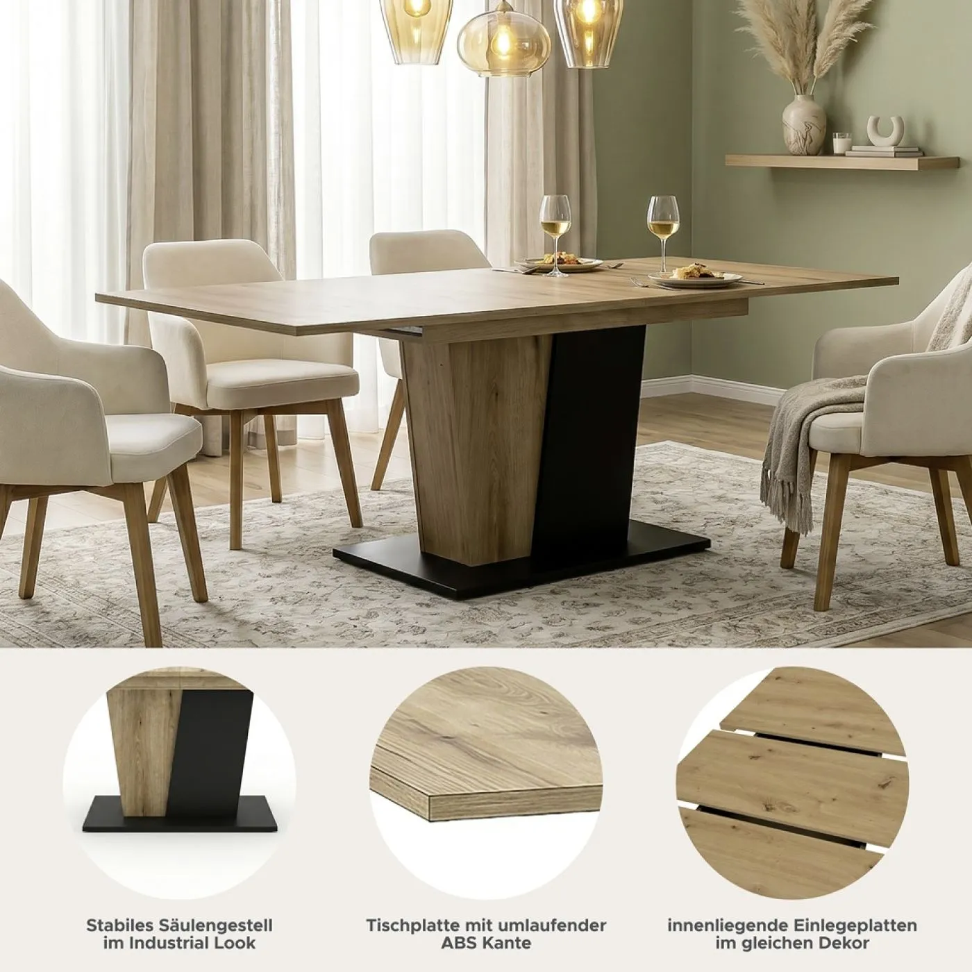 Esstisch Molina 1 | 150(230)x90 | Evoke Oak / Basalt grau