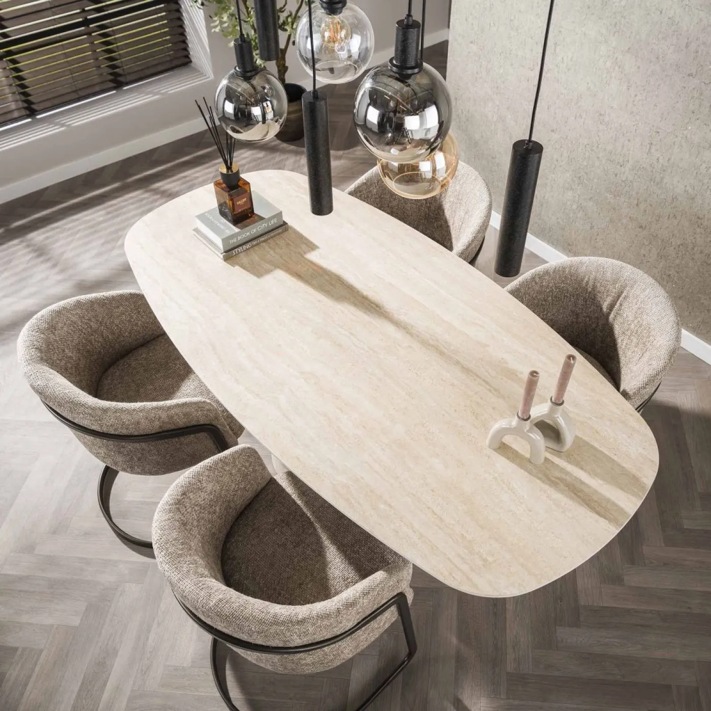 Esstisch Homa 2 | oval | 180 cm | 3D Keramik | Travertin