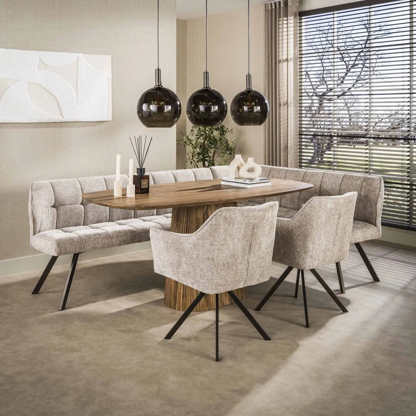 Eckbank Esszimmer Muda | rechts | Hoven-Stoff / Chenille | sand-braun