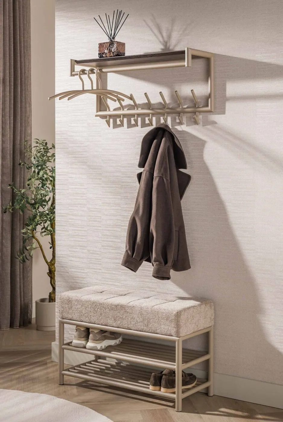 Garderobe Wandgarderobe Stamp | 2x7 Haken | Metall | beige