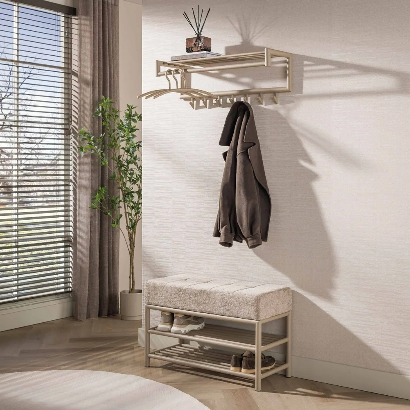 Garderobe Wandgarderobe Torino | mit Hutablage & Kleiderstange | Stahl | beige