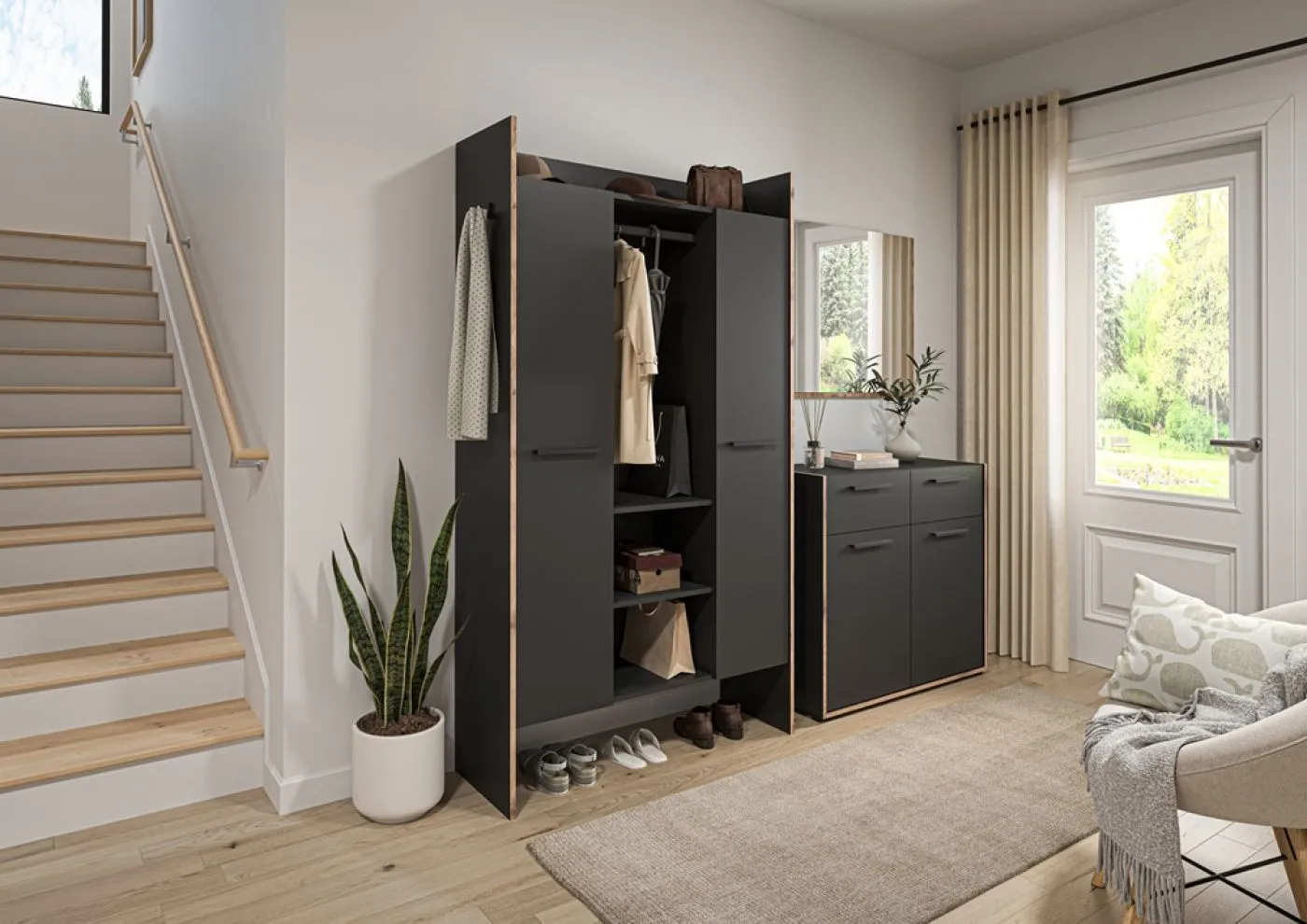 Garderoben-Set Bueno 2 | Basalt grau / Nox Oak | 3-teilig