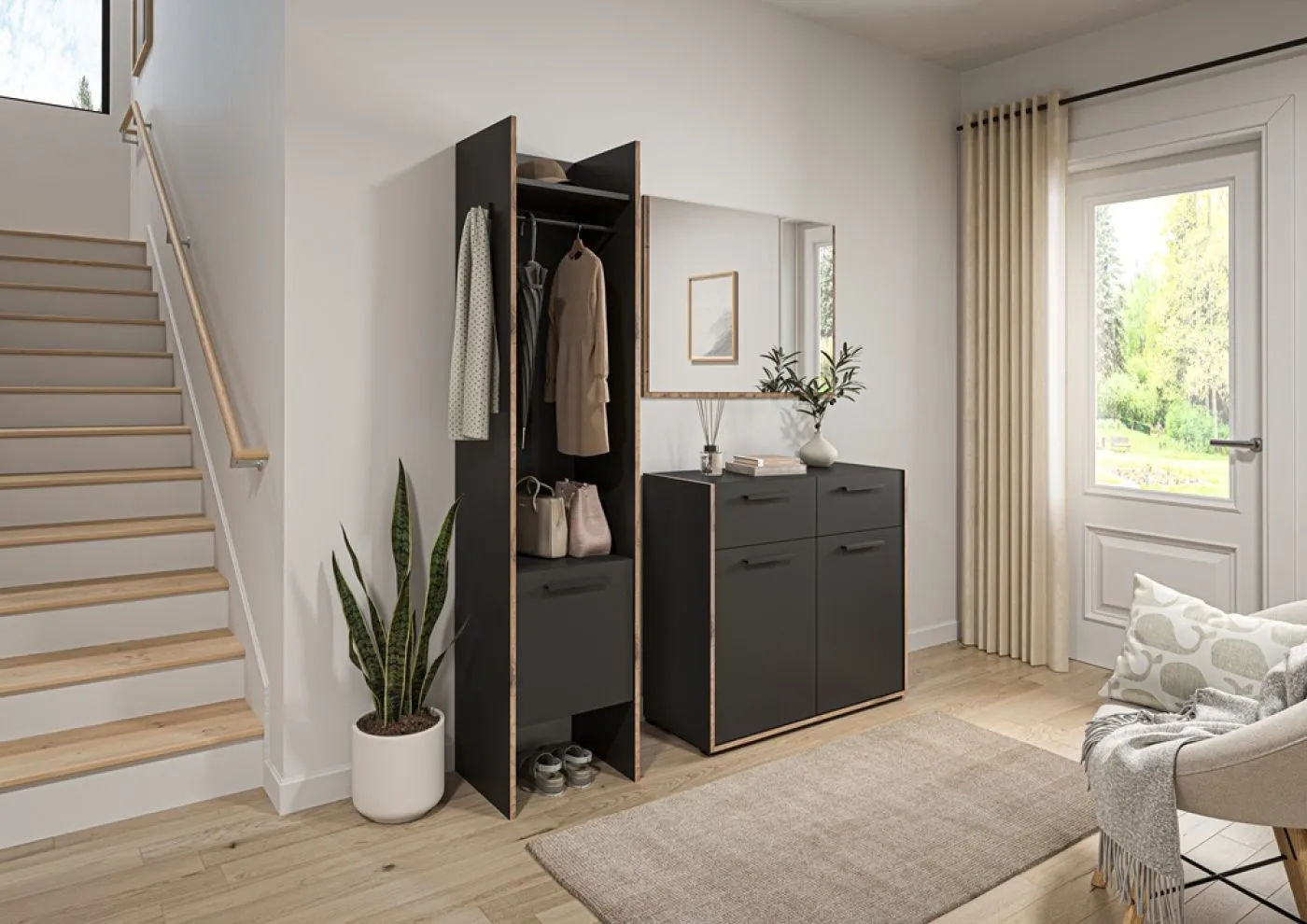 Garderoben-Set Bueno | Basalt grau / Nox Oak | 3-teilig