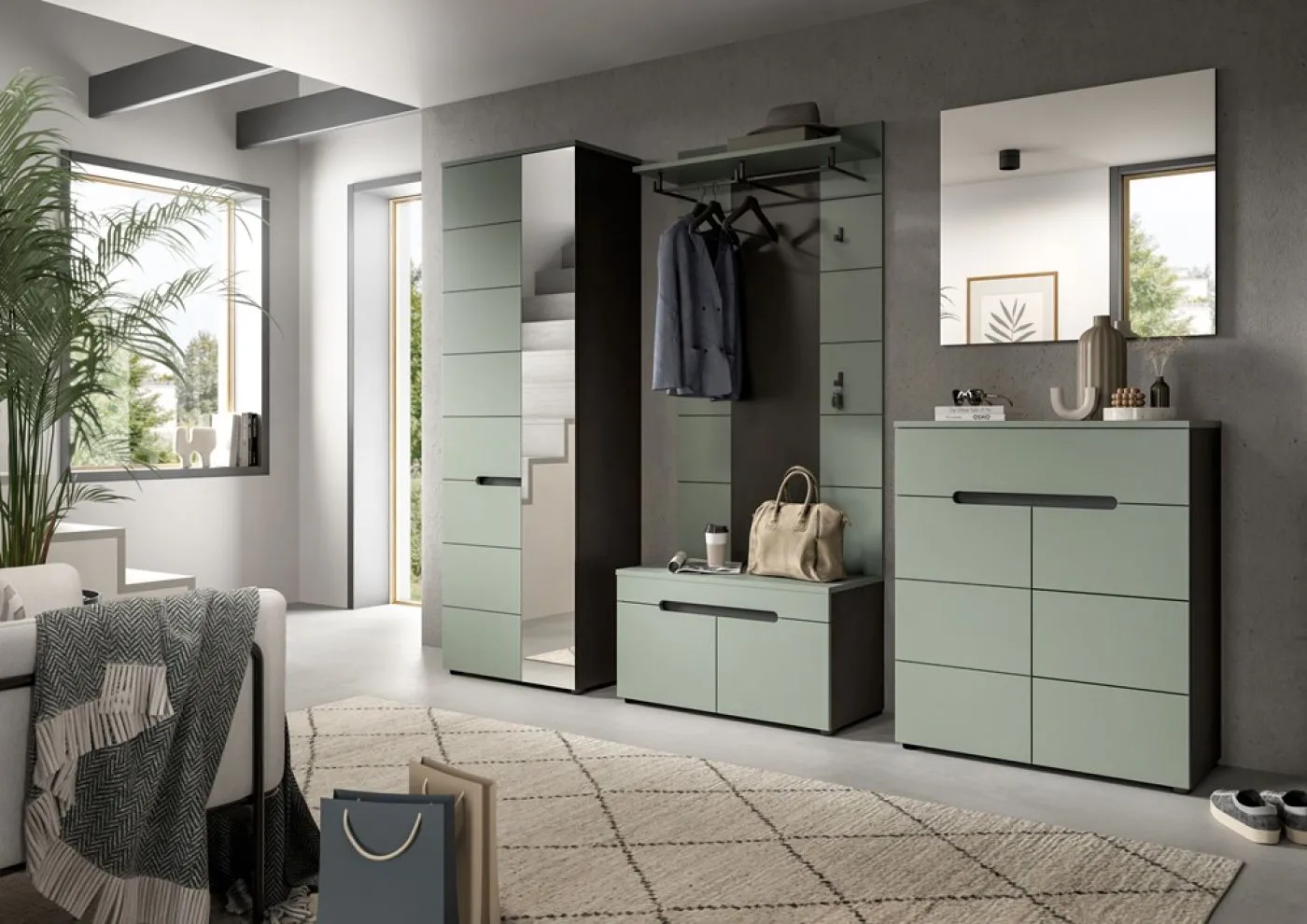 Garderoben-Set Canu 1 | Basalt grau / Smoke Green | 5-teilig mit Kissen