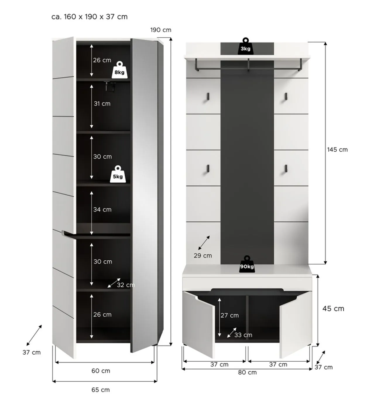 Garderoben-Set Canu 1 | Basalt grau / Weiß | 3-teilig