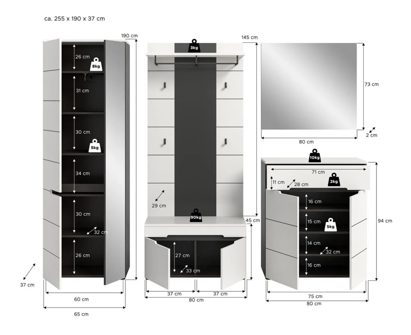 Garderoben-Set Canu 1 | Basalt grau / Weiß | 5-teilig