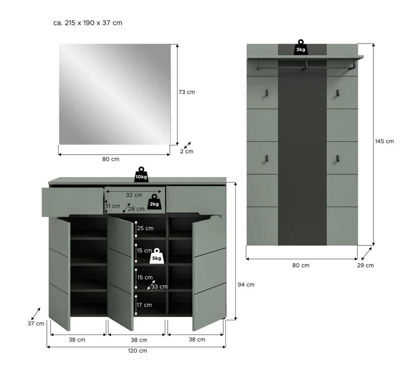 Garderoben-Set Canu 2 | Basalt grau / Smoke Green | 3-teilig