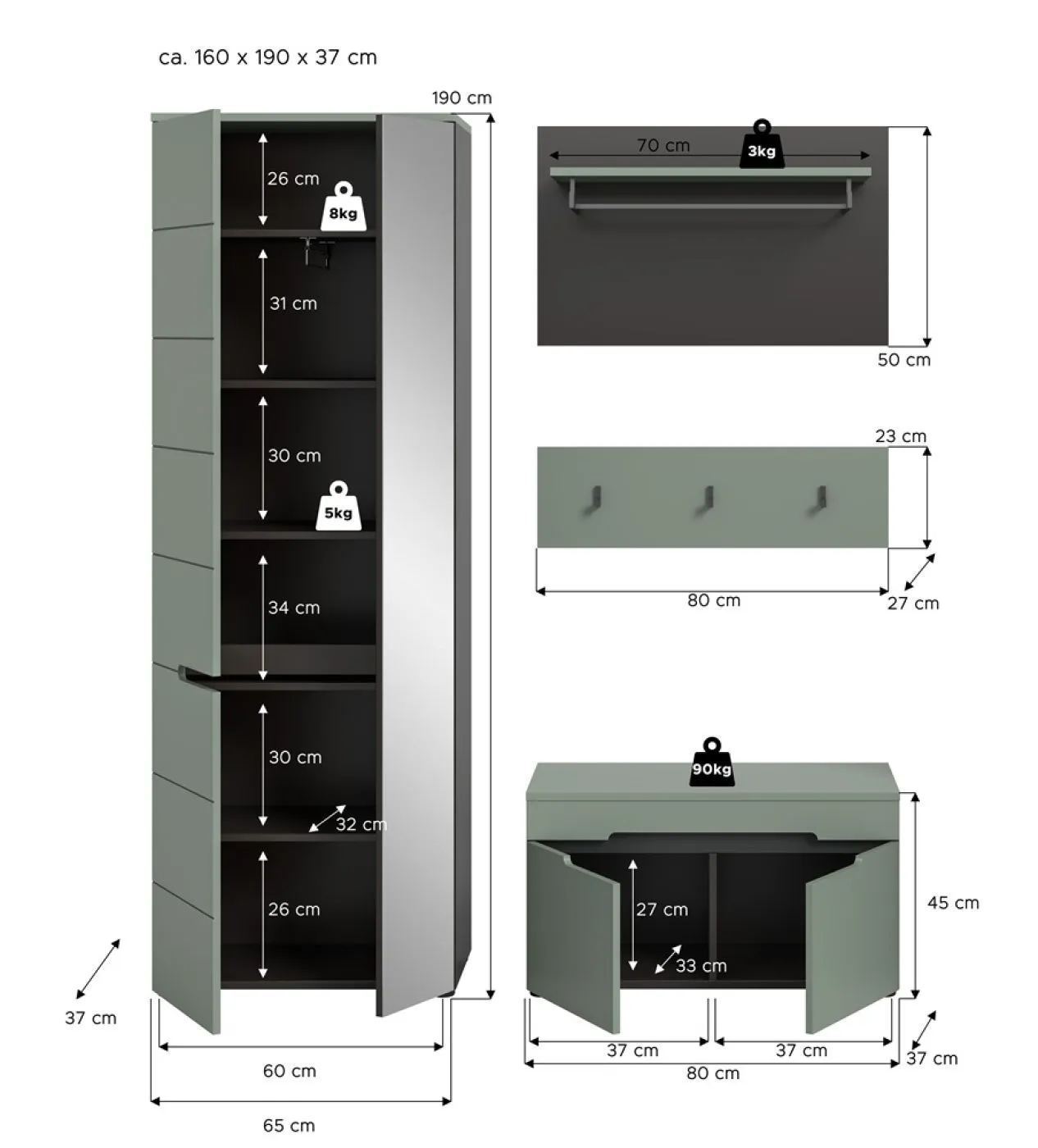 Garderoben-Set Canu | Basalt grau / Smoke Green | 3-teilig