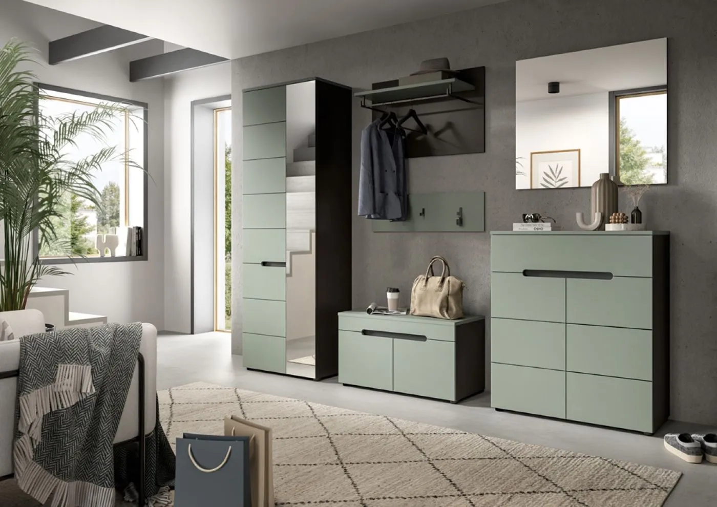 Garderoben-Set Canu | Basalt grau / Smoke Green | 4-teilig mit Sitzkissen