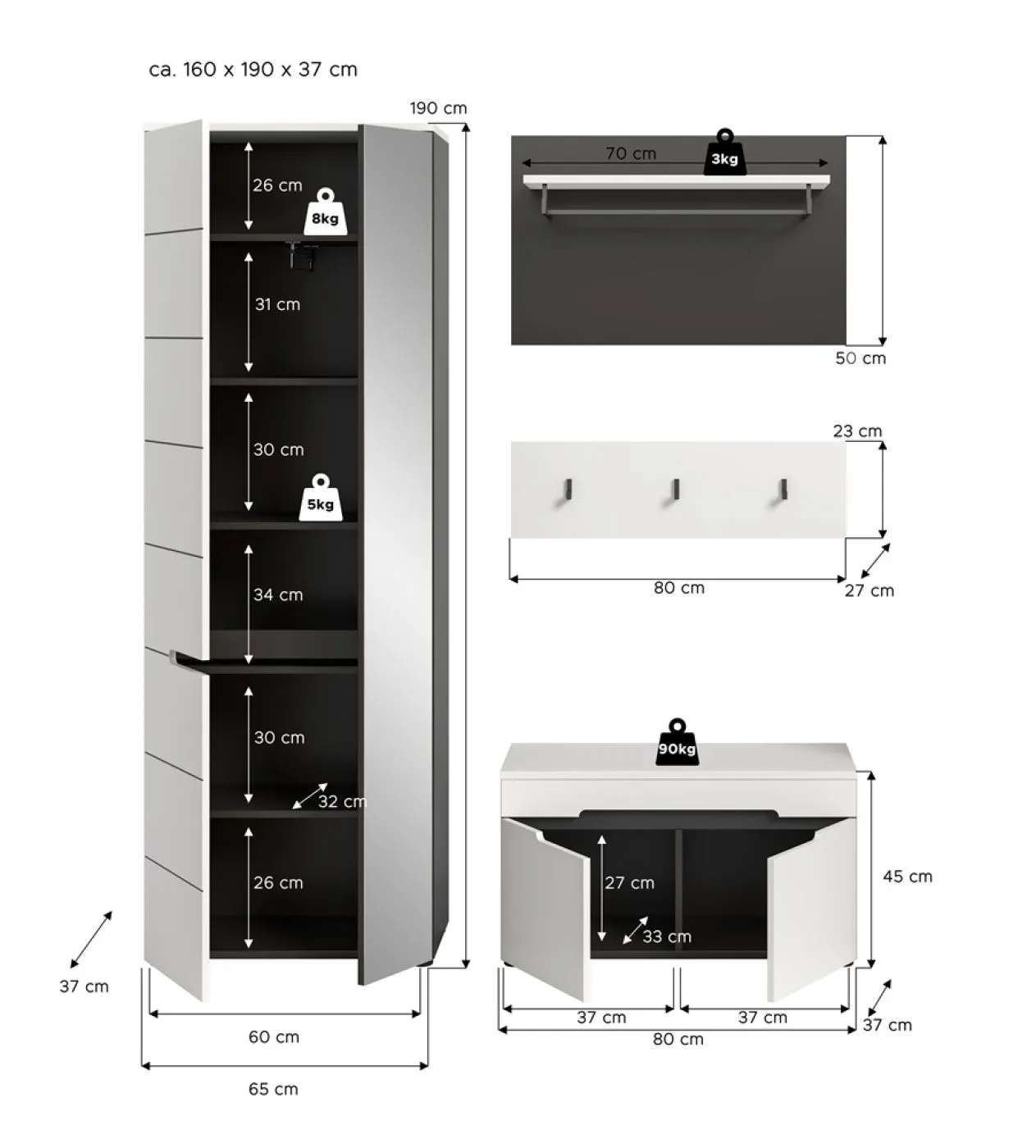 Garderoben-Set Canu | Basalt grau / Weiß | 3-teilig ohne