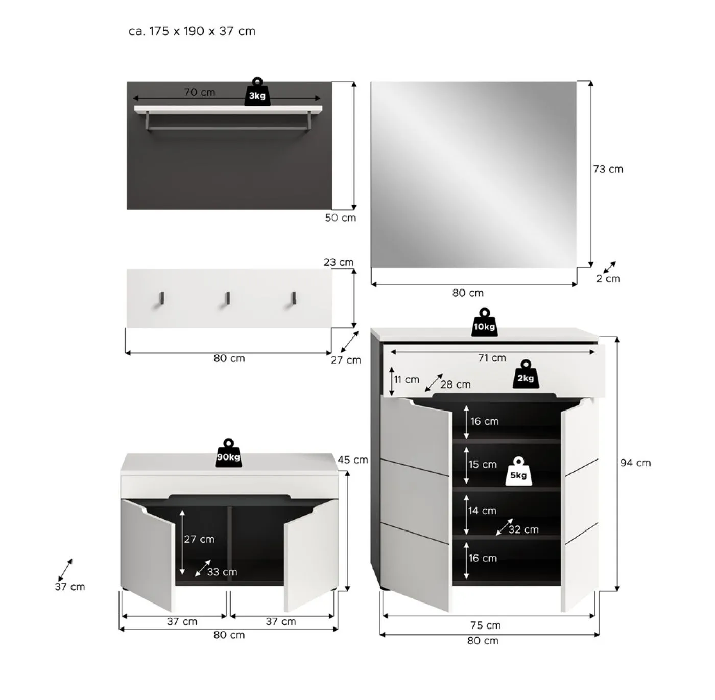 Garderoben-Set Canu | Basalt grau / Weiß | 4-teilig