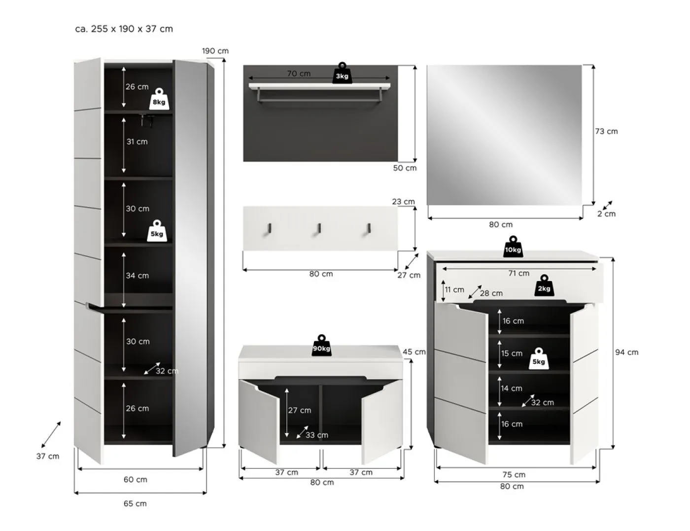 Garderoben-Set Canu | Basalt grau / Weiß | 5-teilig ohne