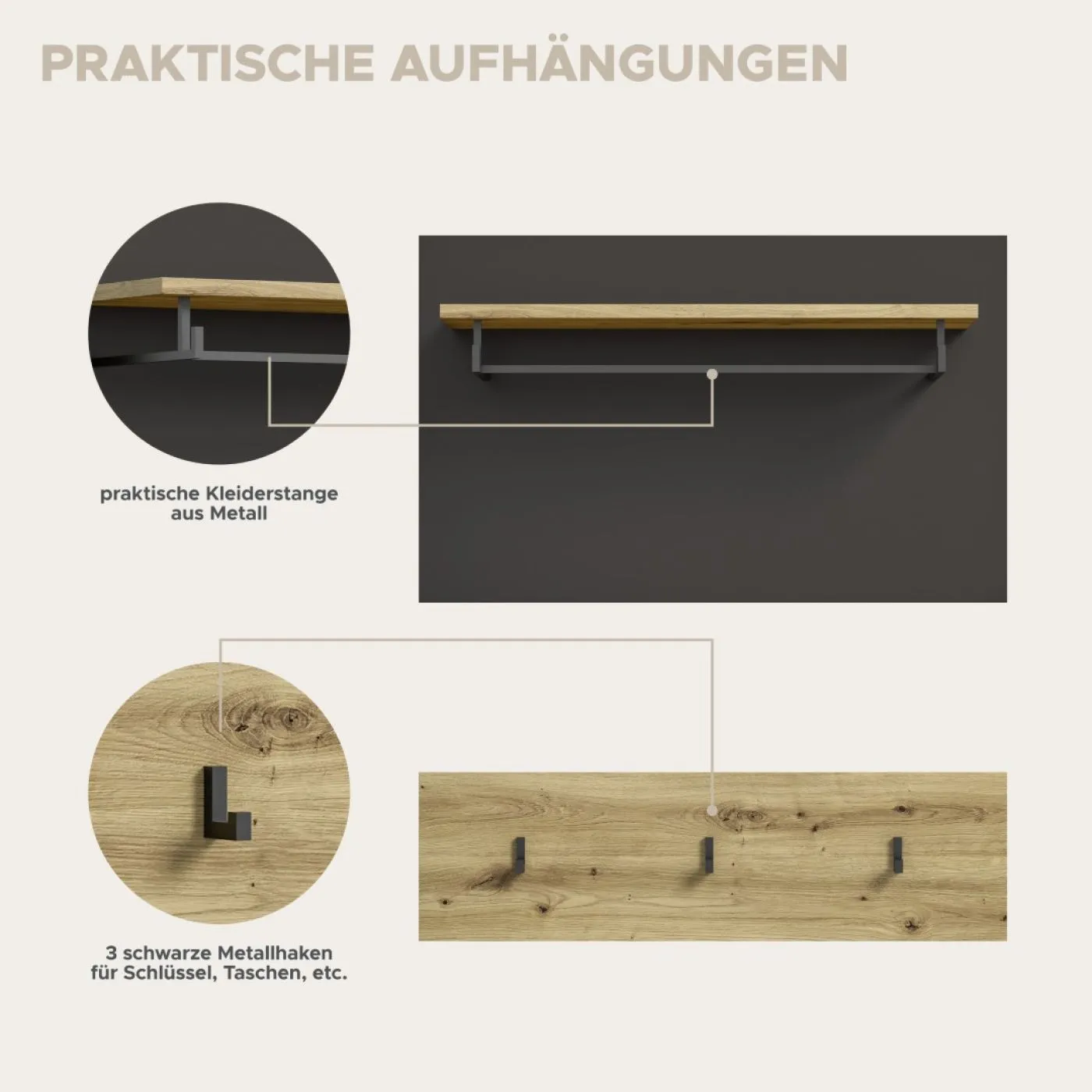 Garderoben-Set Canu | grau / Artisan Eiche | 4-teilig