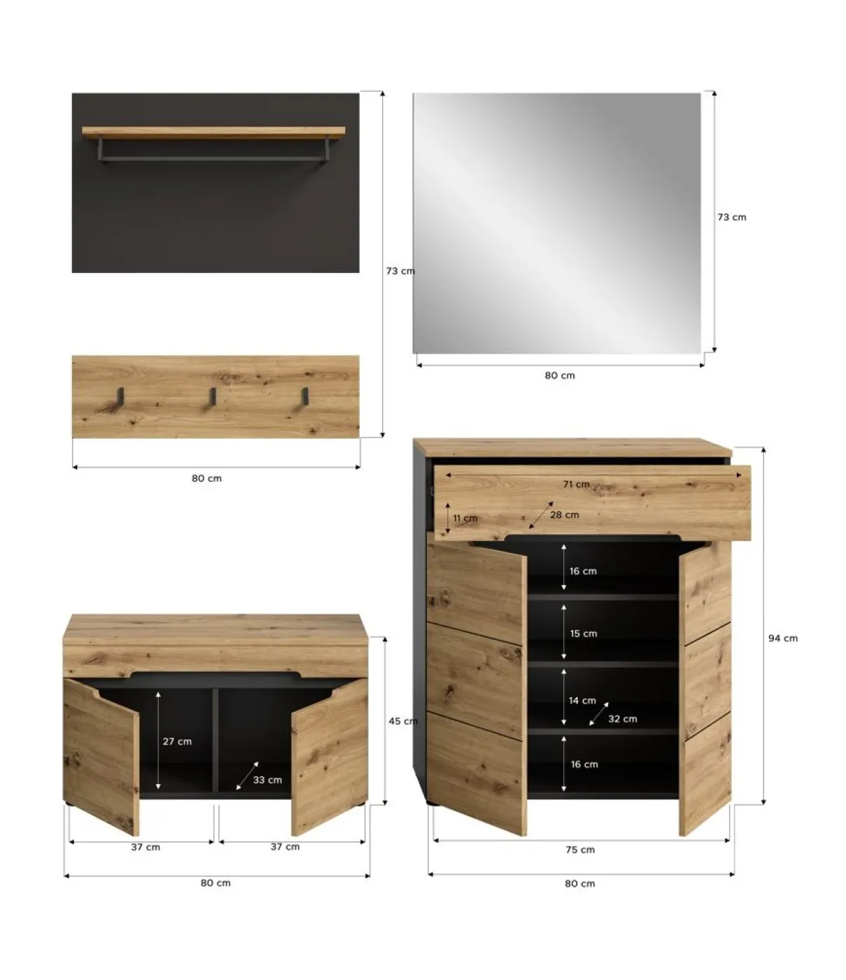 Garderoben-Set Canu | grau / Artisan Eiche | 4-teilig mit Sitzkissen