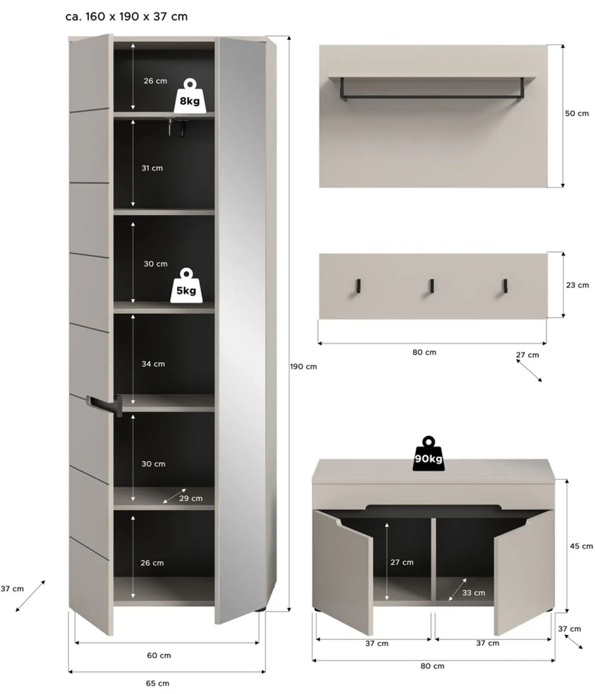 Garderoben-Set Canu | Kaschmir / Basalt grau | 3-teilig