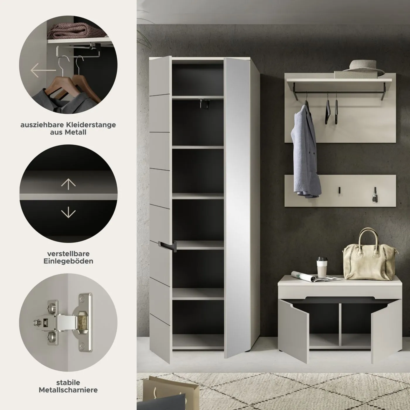 Garderoben-Set Canu | Kaschmir / Basalt grau | 3-teilig