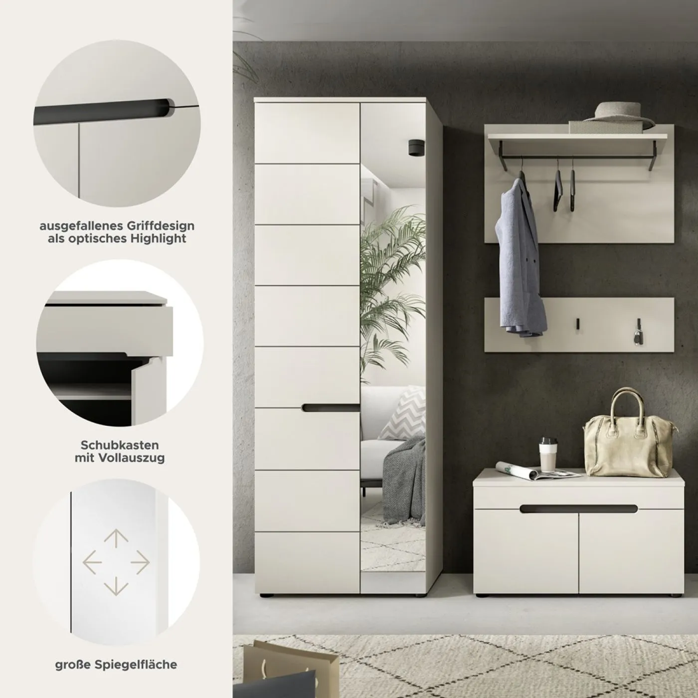Garderoben-Set Canu | Kaschmir / Basalt grau | 3-teilig ohne Sitzkissen