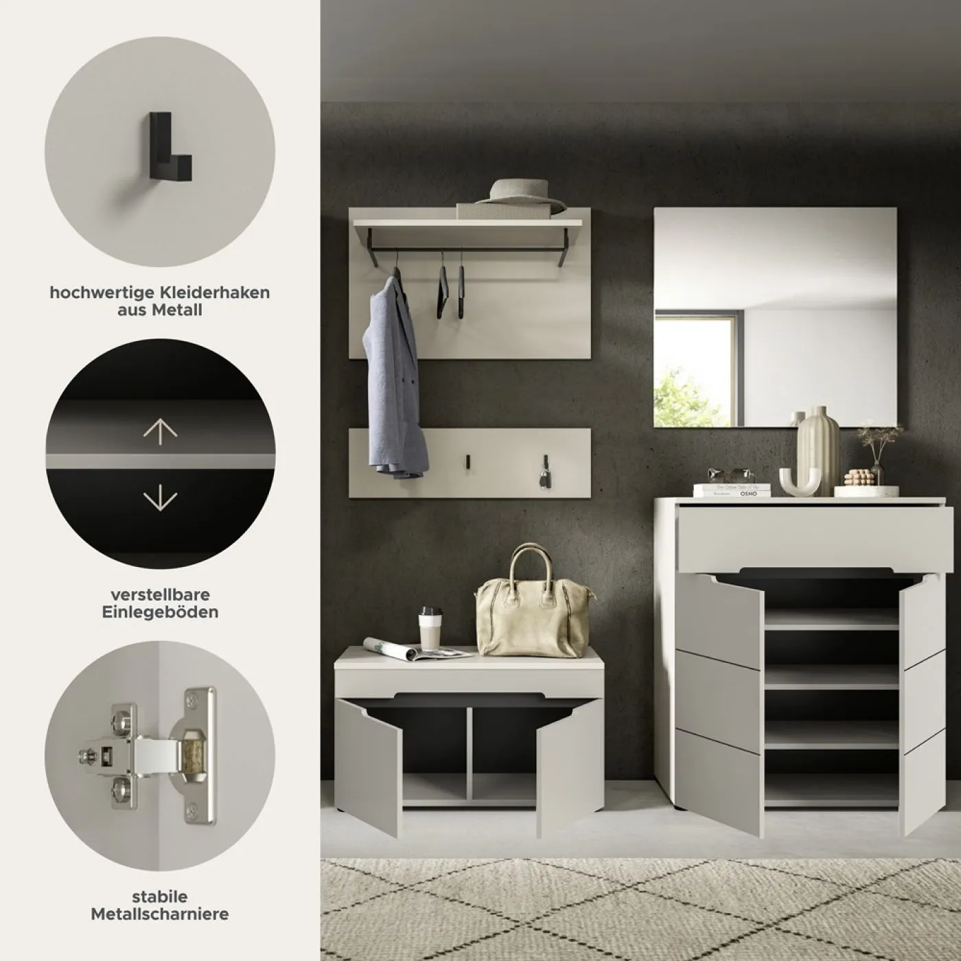 Garderoben-Set Canu | Kaschmir / Basalt grau | 4-teilig