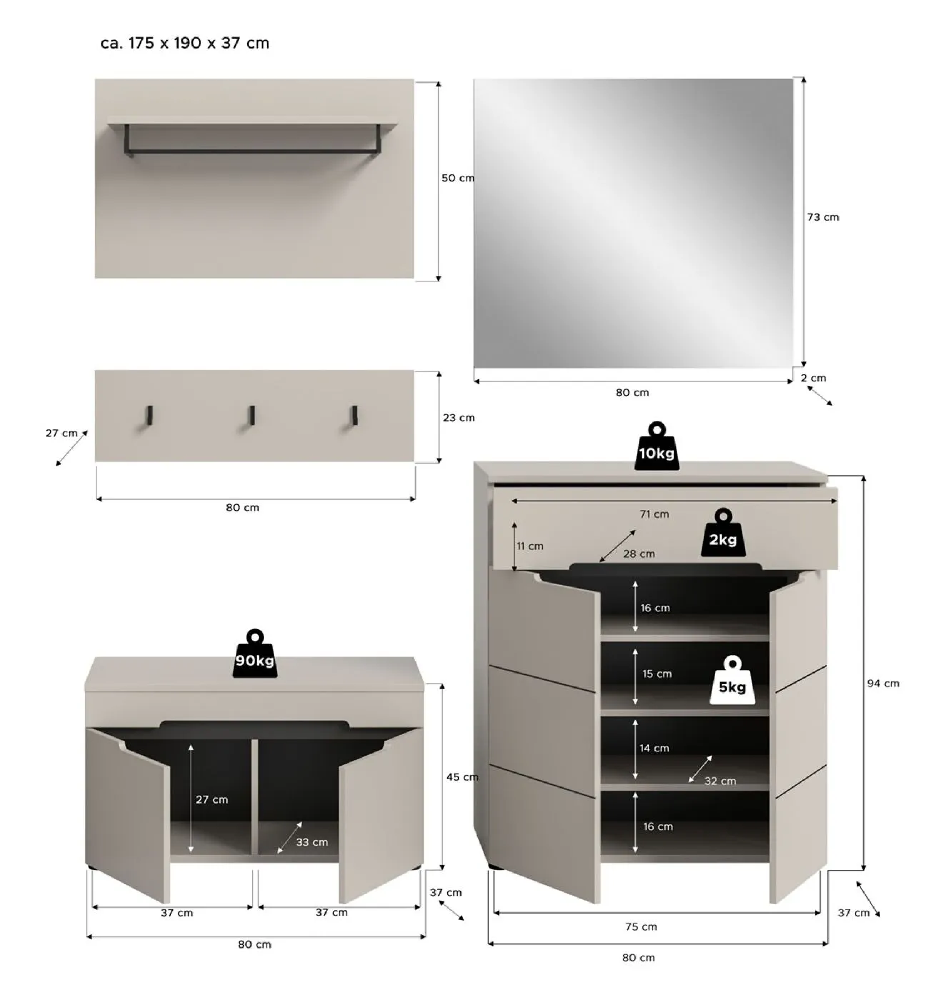 Garderoben-Set Canu | Kaschmir / Basalt grau | 4-teilig ohne Sitzkissen