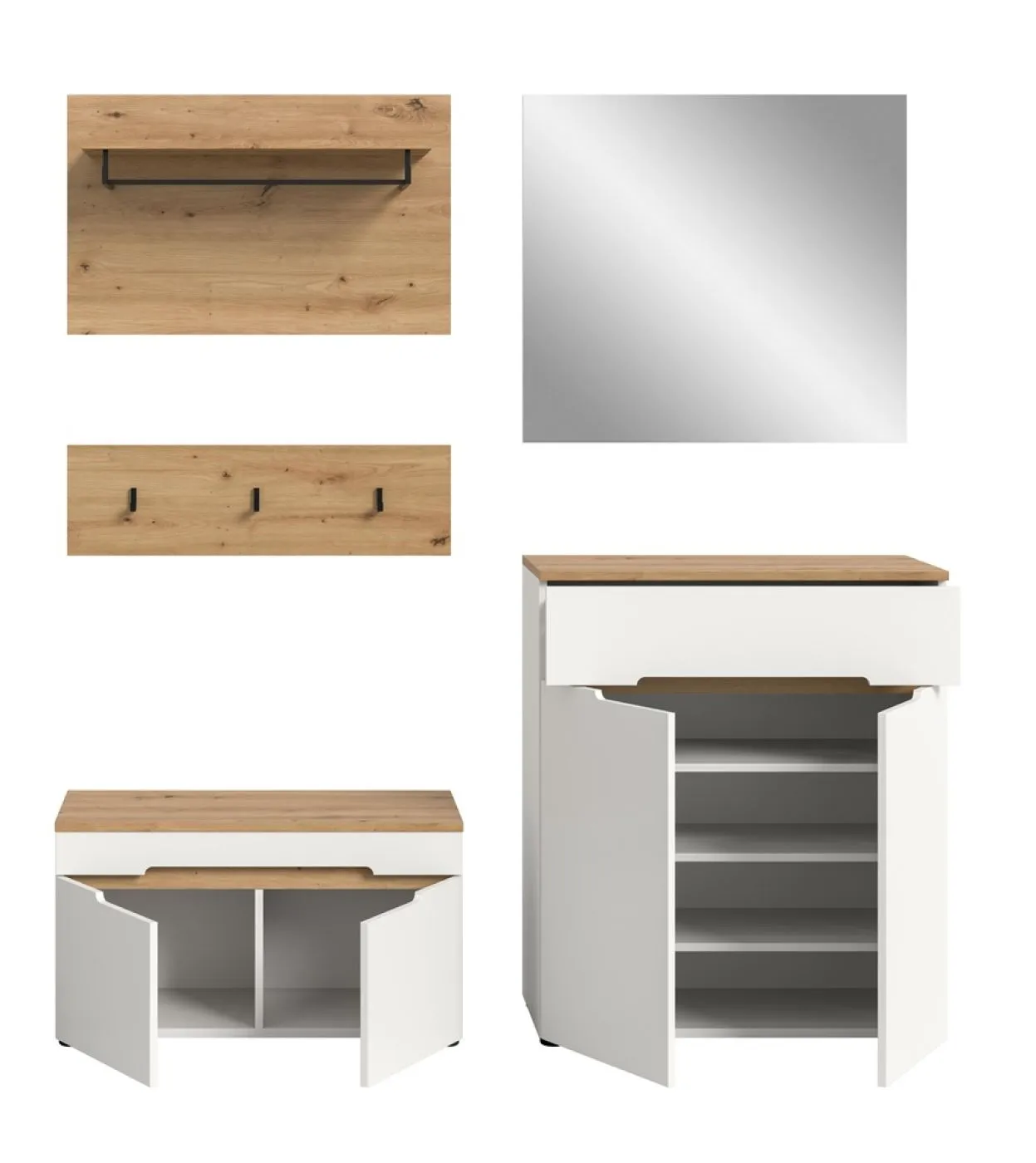 Garderoben-Set Canu | Weiß / Artisan Eiche | 4-teilig mit Sitzkissen