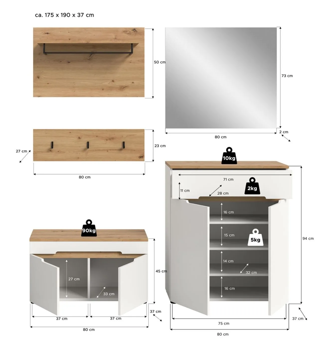 Garderoben-Set Canu | Weiß / Artisan Eiche | 4-teilig ohne Sitzkissen