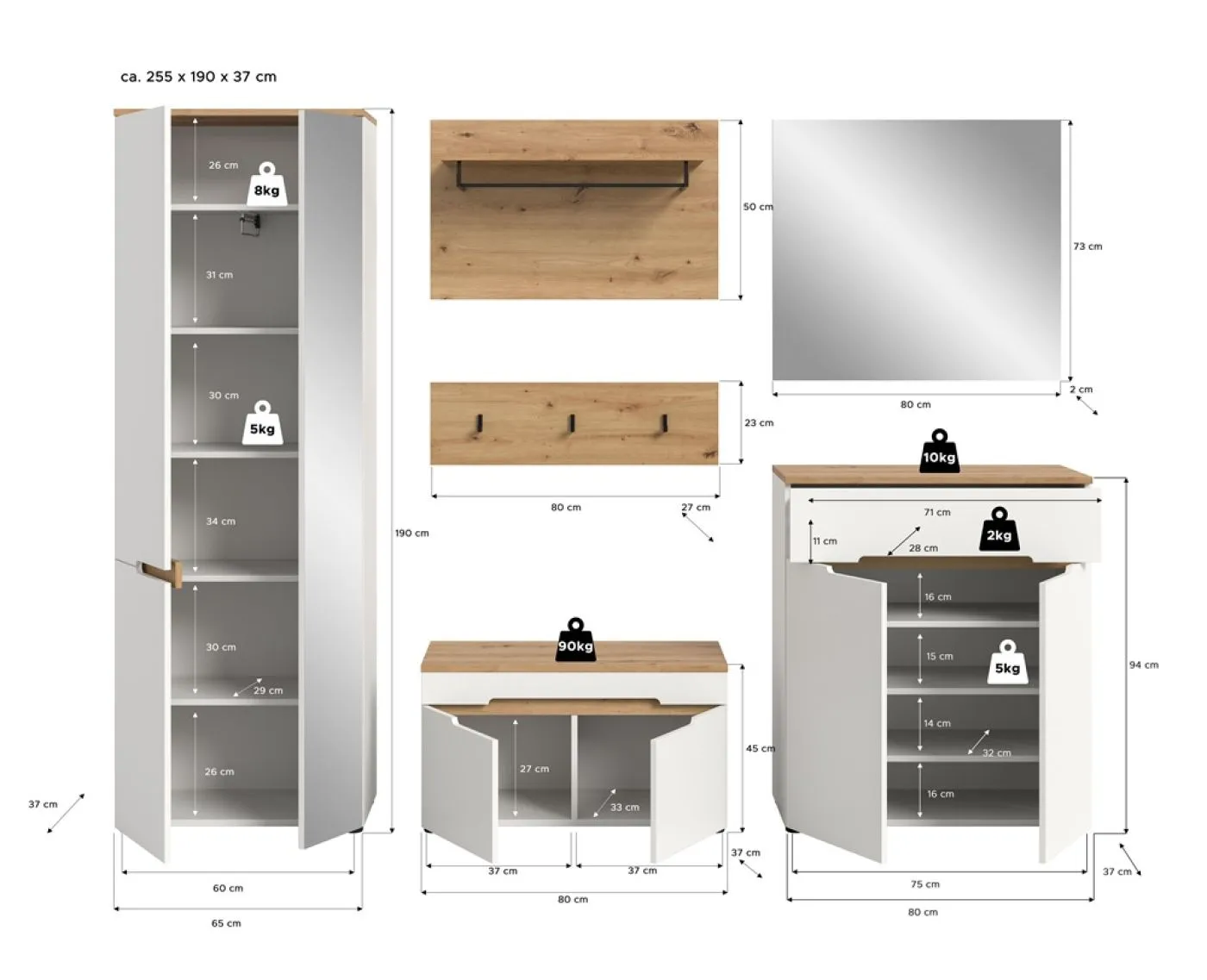 Garderoben-Set Canu | Weiß / Artisan Eiche | 5-teilig ohne Kissen