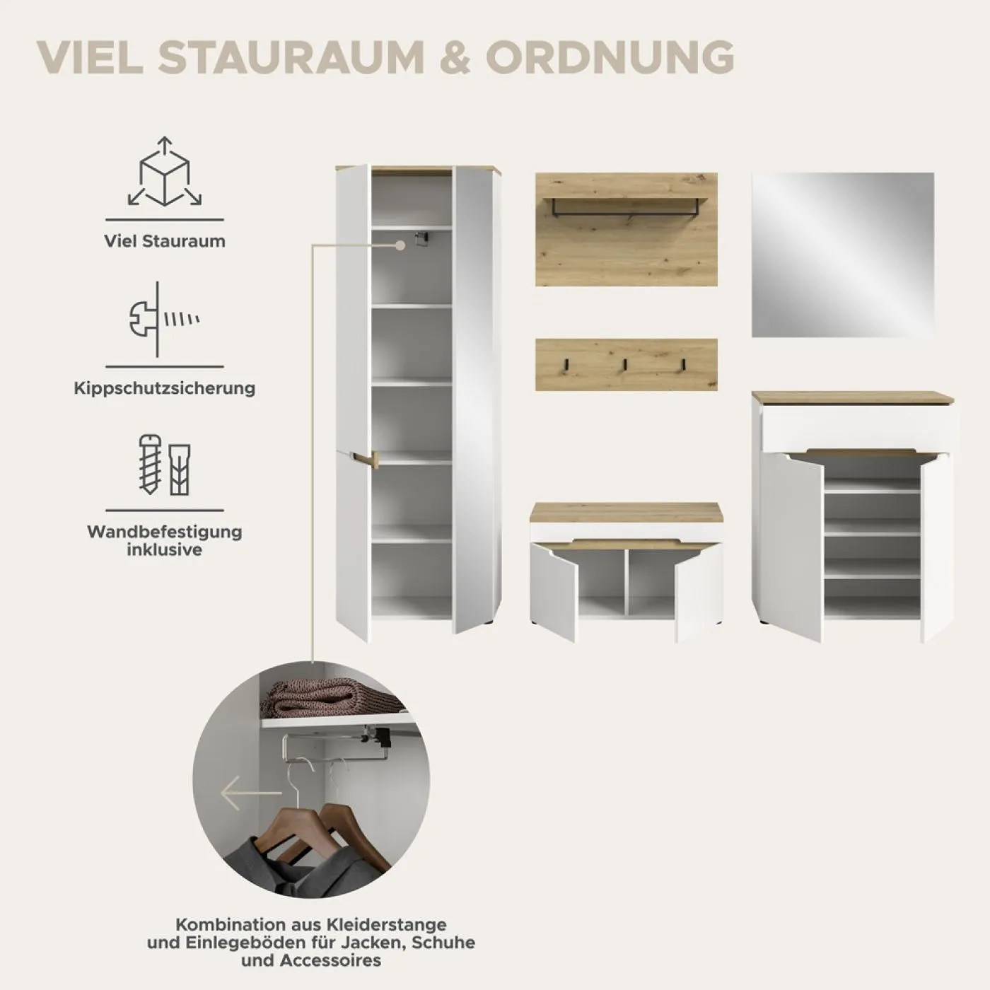 Garderoben-Set Canu | Weiß / Artisan Eiche | 5-teilig ohne Kissen