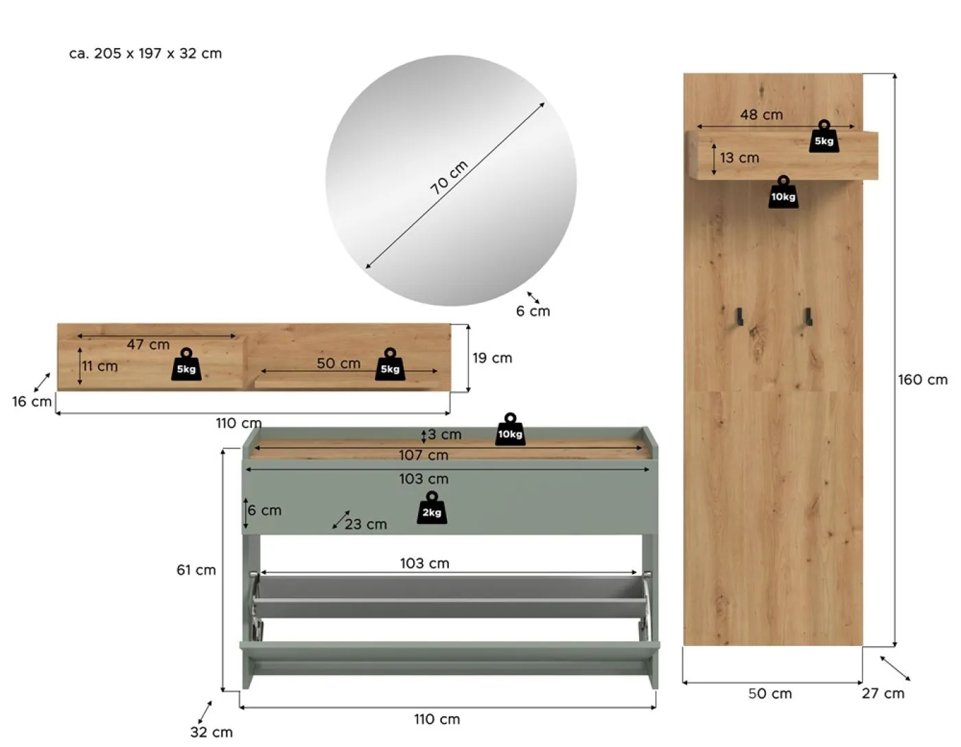 Garderoben-Set Drive 1 | Salbei / Artisan Oak | 4-teilig mit Beleuchtung