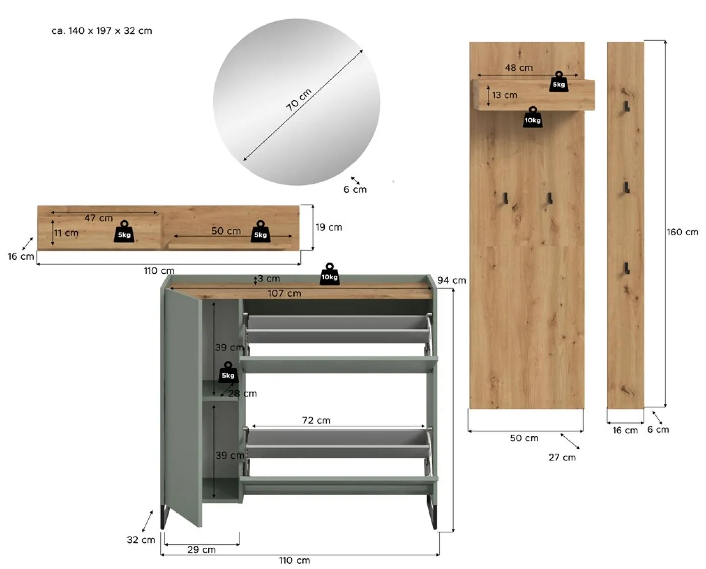 Garderoben-Set Drive 1 | Salbei / Artisan Oak | 5-teilig ohne Beleuchtung