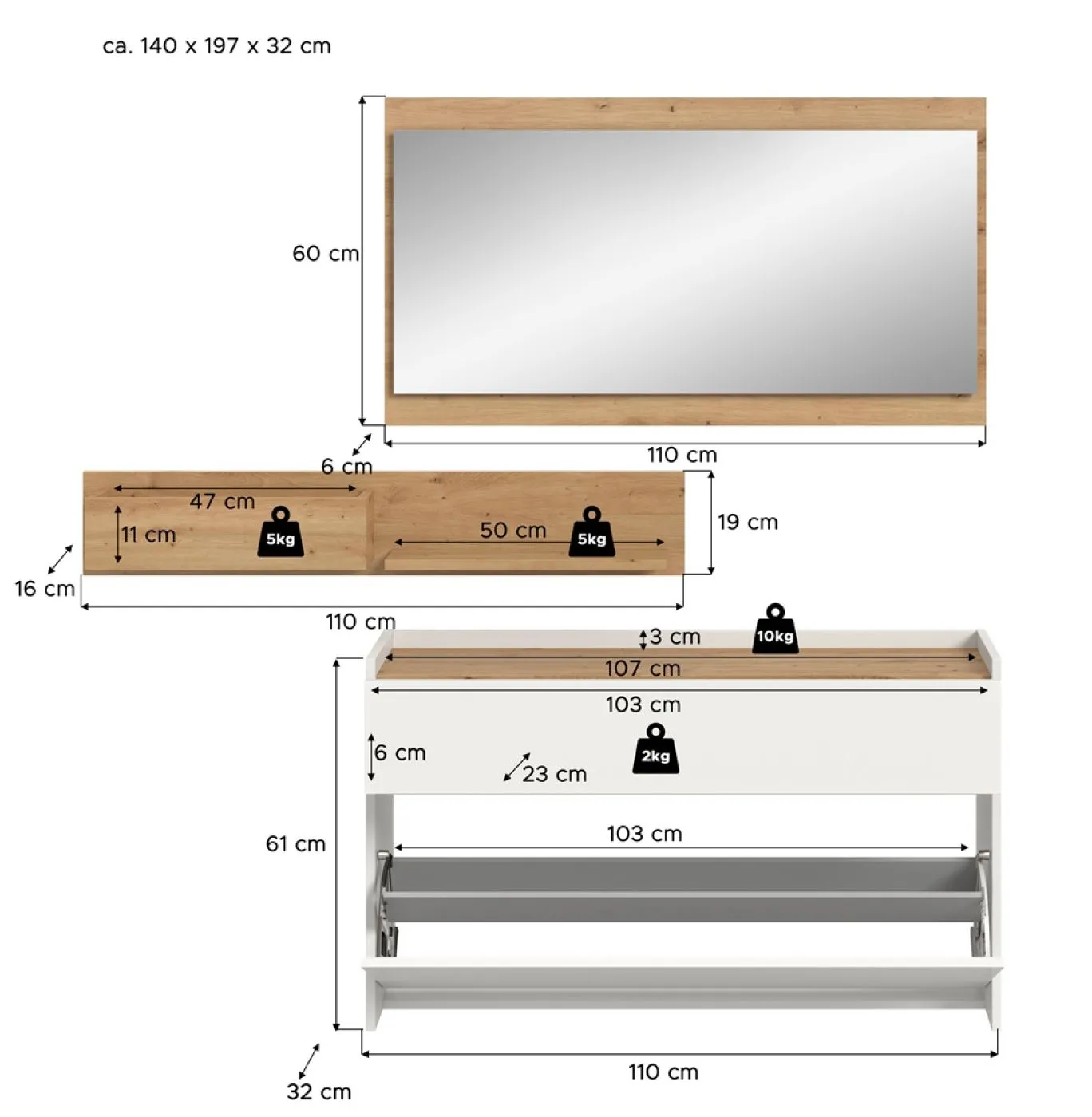 Garderoben-Set Drive 1 | weiß / Artisan Oak | 3-teilig ohne Beleuchtung
