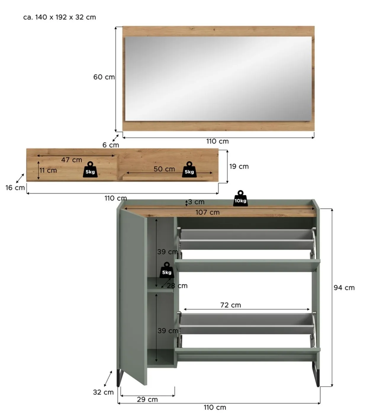 Garderoben-Set Drive 2 | Salbei / Artisan Oak | 3-teilig mit Beleuchtung