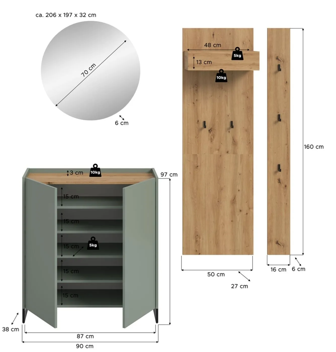 Garderoben-Set Drive 2 | Salbei / Artisan Oak | 4-teilig mit Beleuchtung
