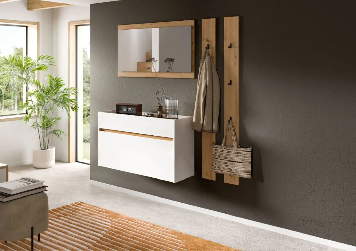 Garderoben-Set Drive 3 | weiß / Artisan Oak | 4-teilig mit Beleuchtung