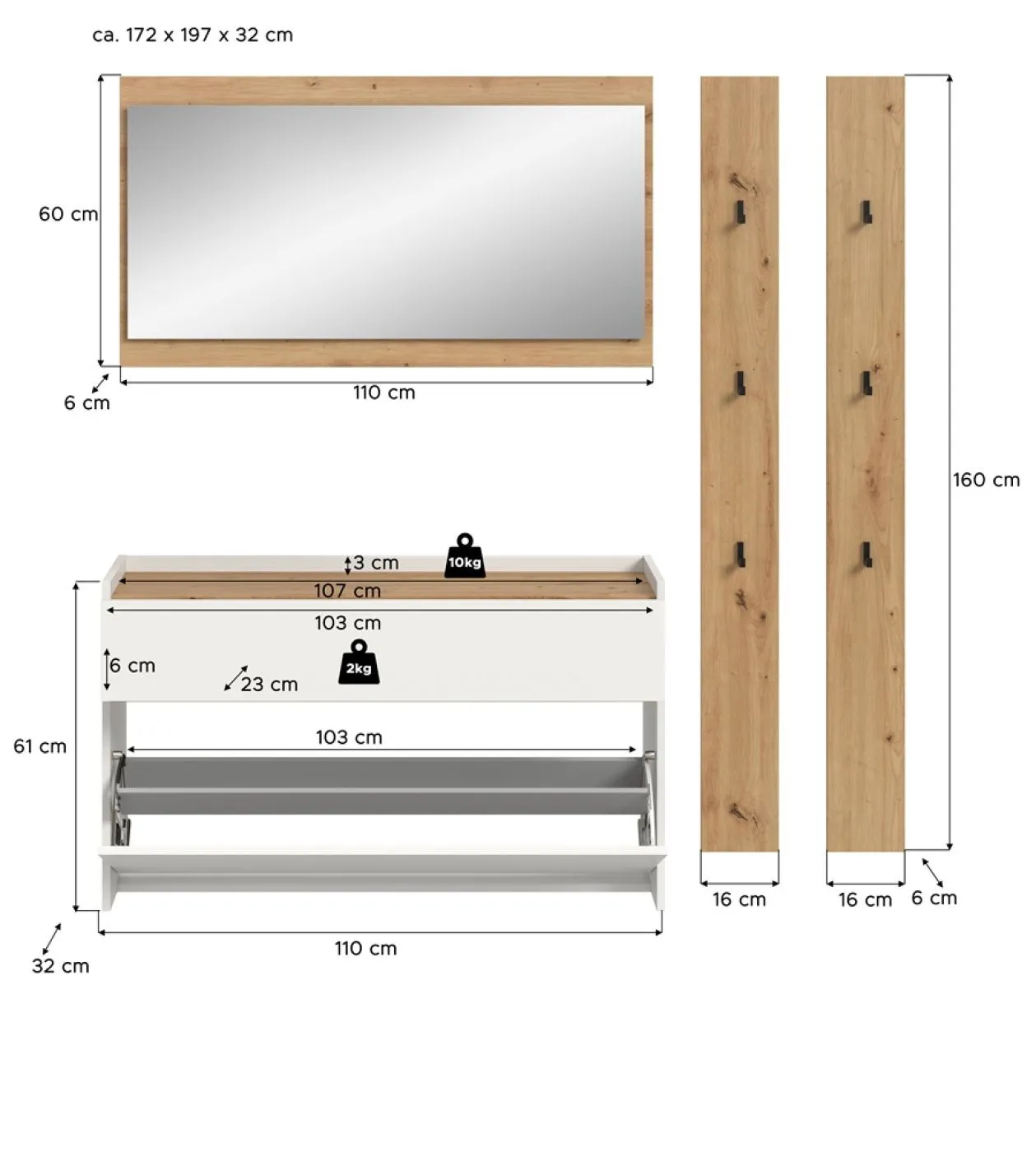 Garderoben-Set Drive 3 | weiß / Artisan Oak | 4-teilig ohne Beleuchtung